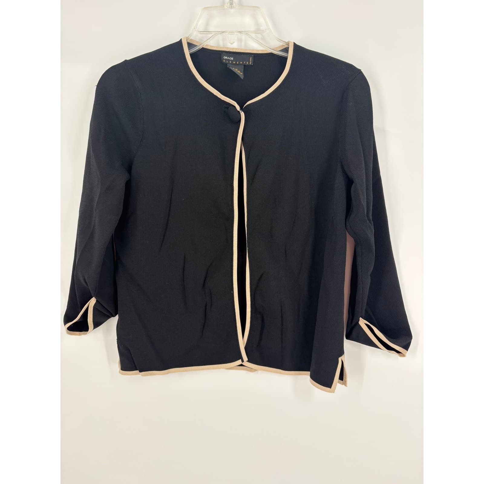 Grace Elements Petite Black Knit Cardigan Beige Trim Button Front 3/4 Sleeve - Thumbnail 4