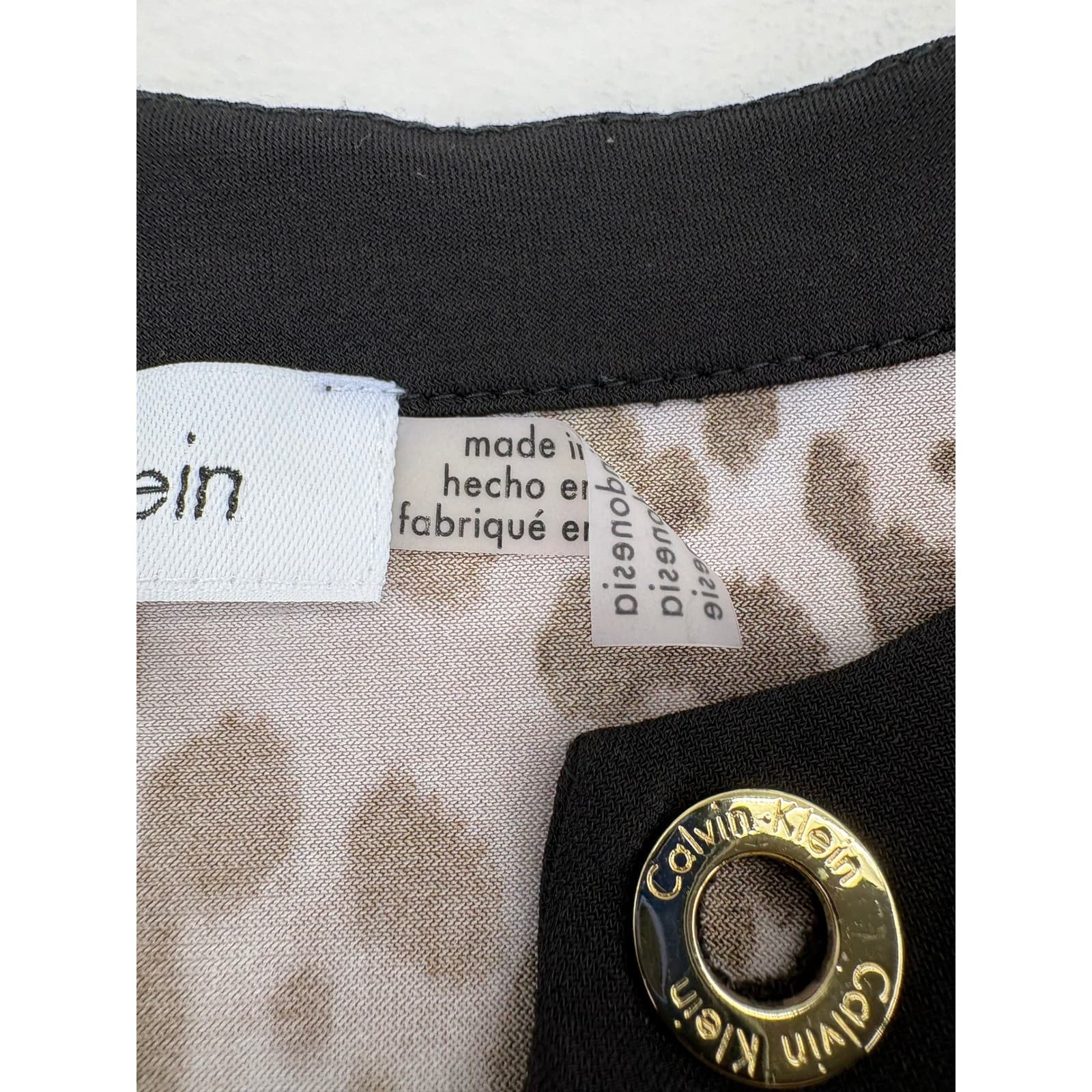 Calvin Klein Top Womens M Blouse Brown Leopard Split Neck Faux Leather Trim - Thumbnail 3