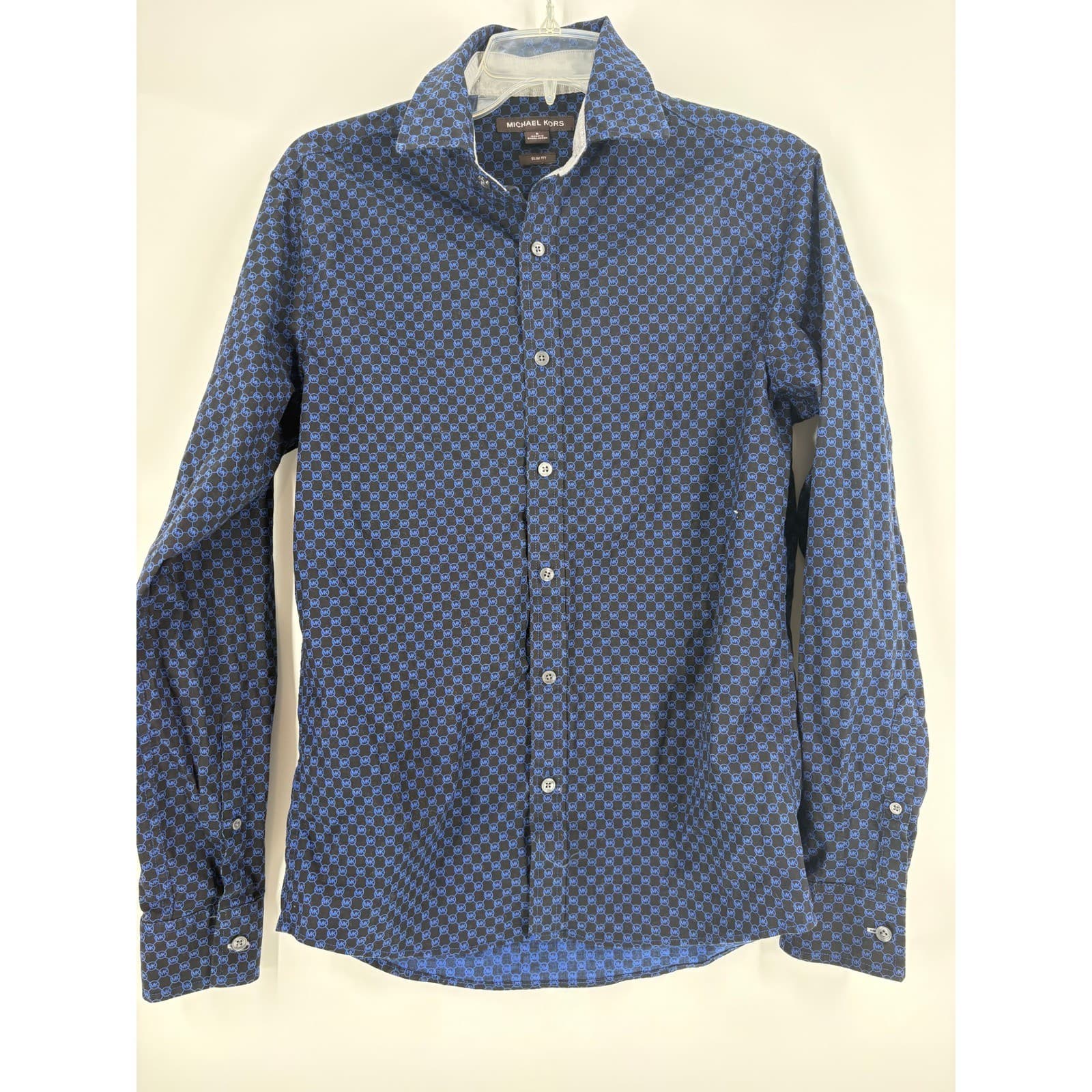 Michael Kors Men's Slim Fit Button Down Shirt Blue MK Monogram Size S - Thumbnail 4