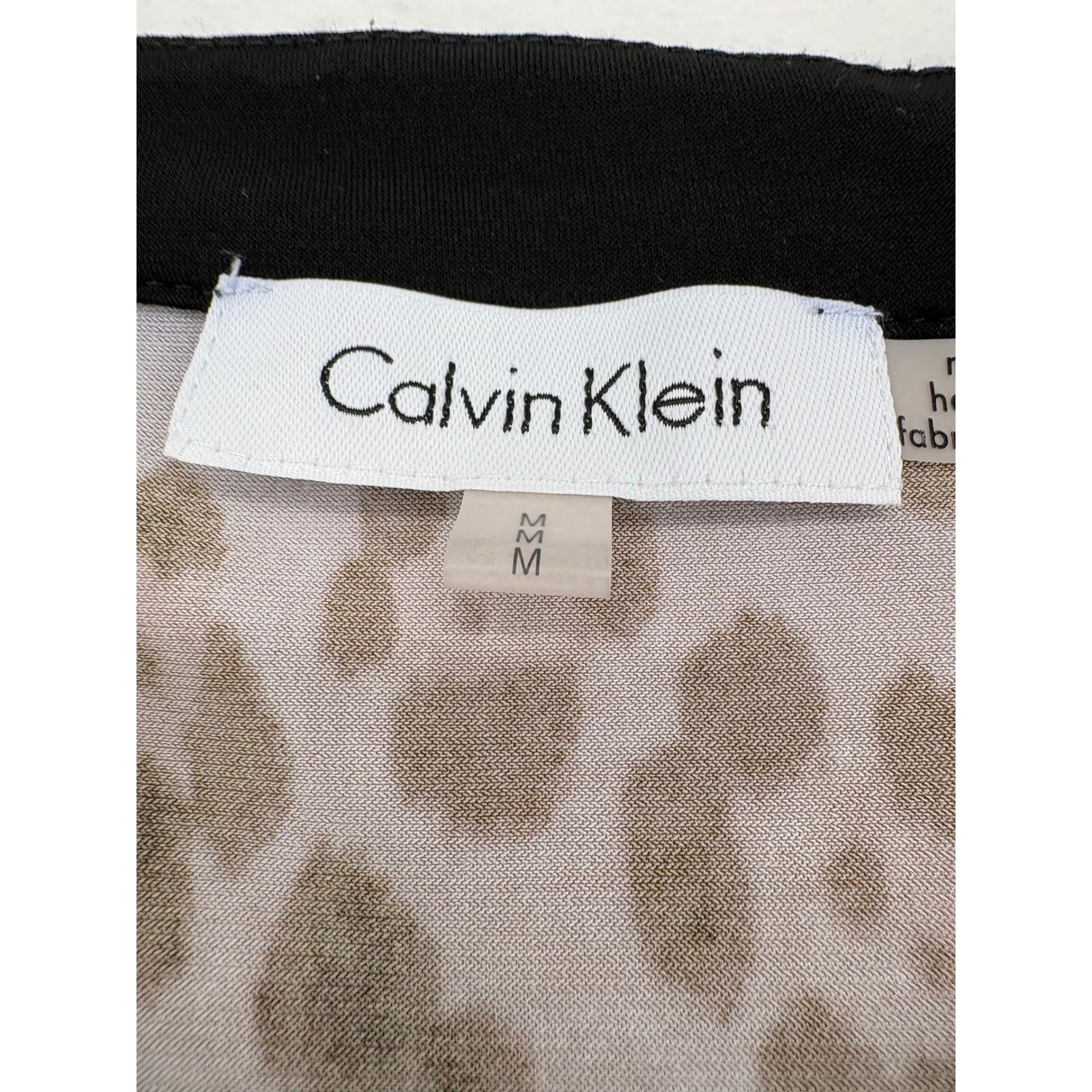 Calvin Klein Top Womens M Blouse Brown Leopard Split Neck Faux Leather Trim - Thumbnail 2