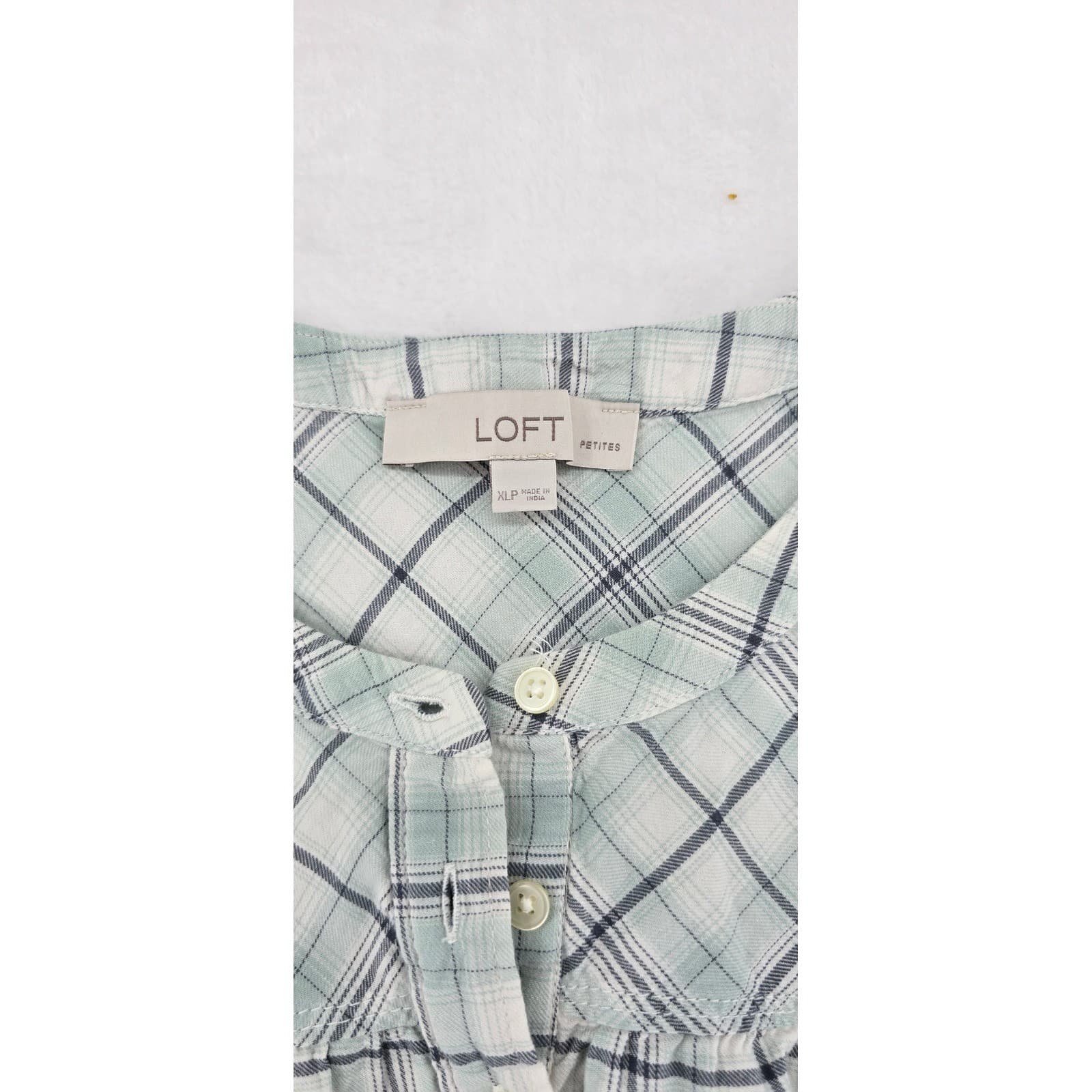 Loft Blouse Womens XLP Top Green Plaid Cotton Pleated Yoke Long Sleeve 6532 - Thumbnail 2