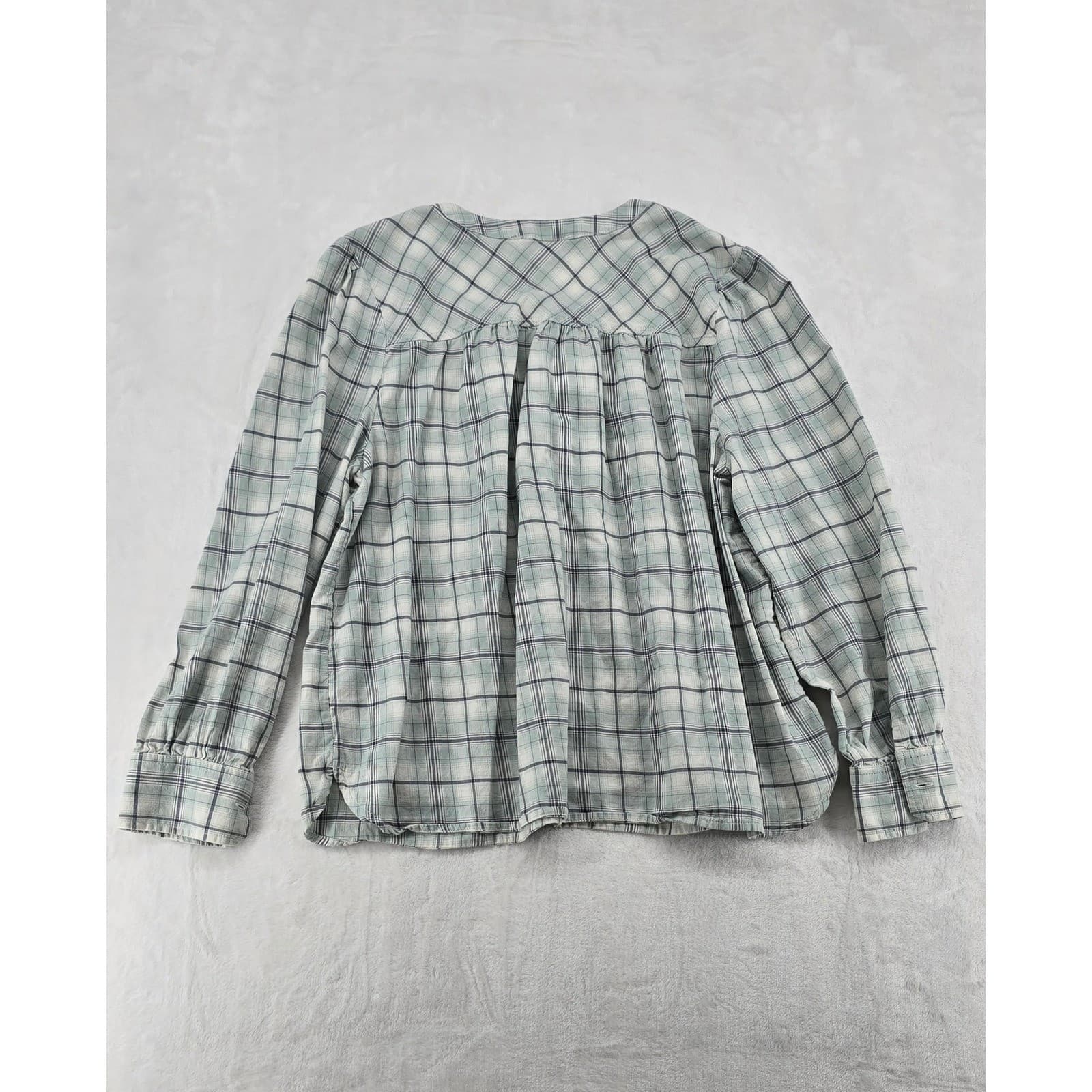 Loft Blouse Womens XLP Top Green Plaid Cotton Pleated Yoke Long Sleeve 6532 - Thumbnail 6