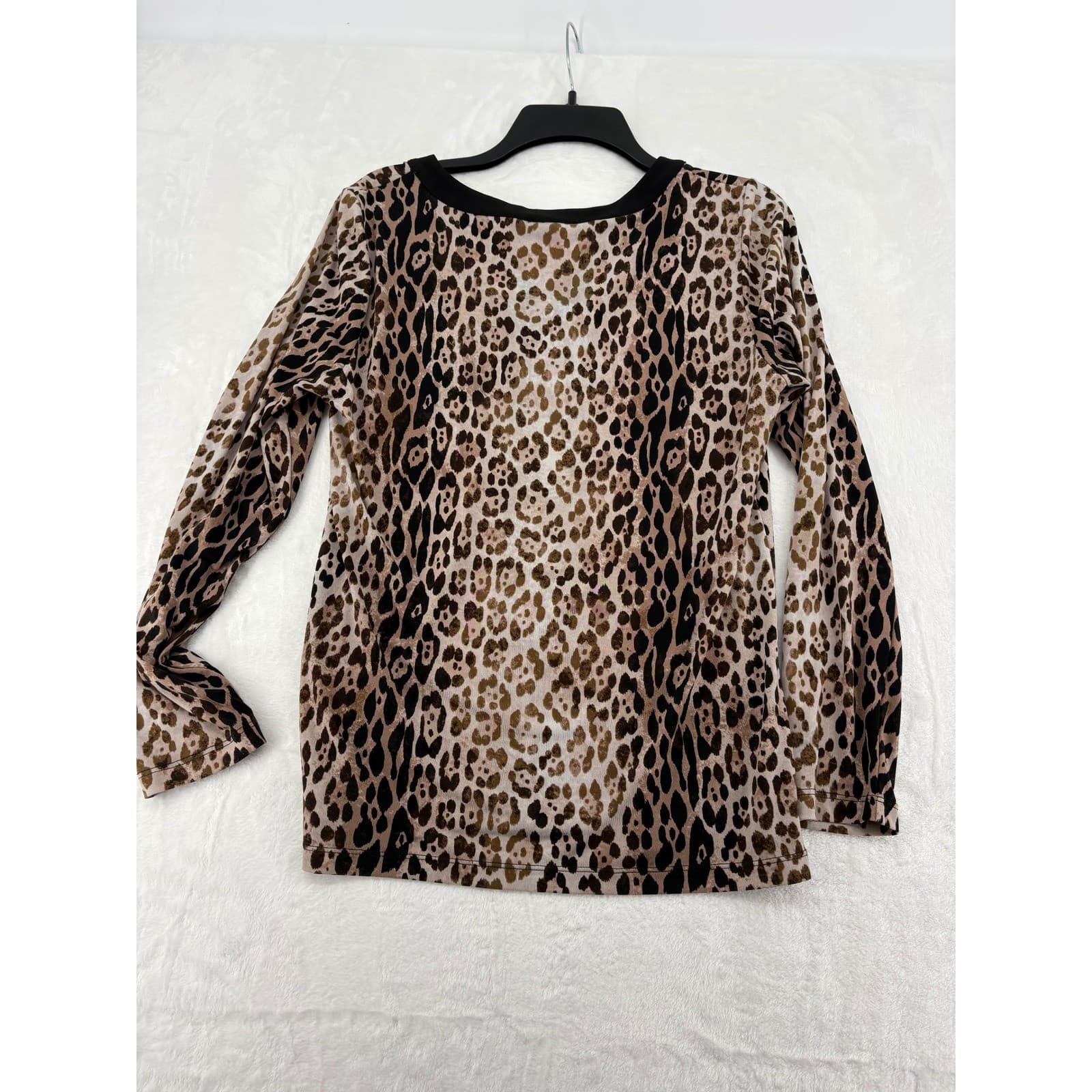 Calvin Klein Top Womens M Blouse Brown Leopard Split Neck Faux Leather Trim - Thumbnail 7