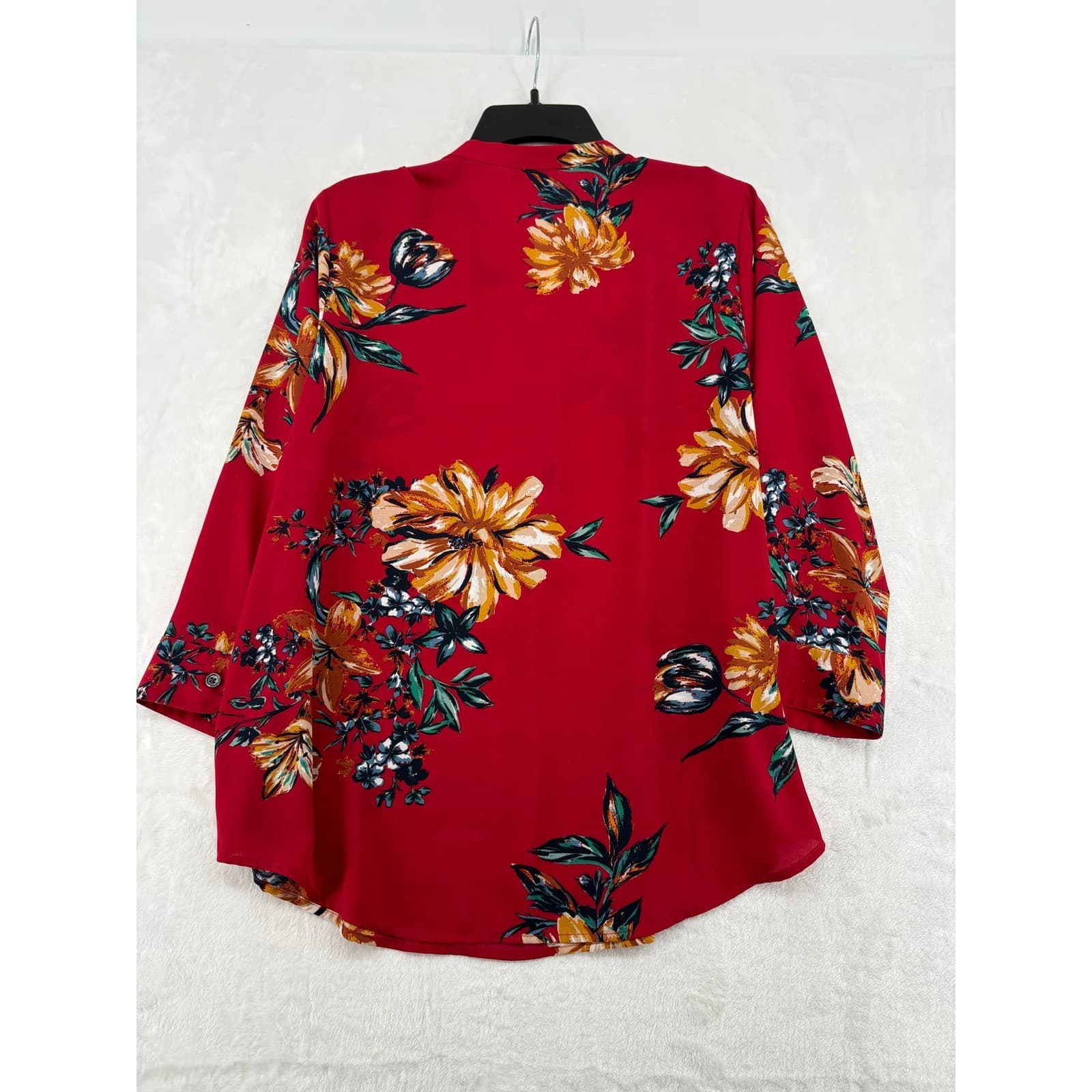 Van Heusen Blouse Womens M Top Red Floral Split Neck 3/4 Sleeve Button Front - Thumbnail 6