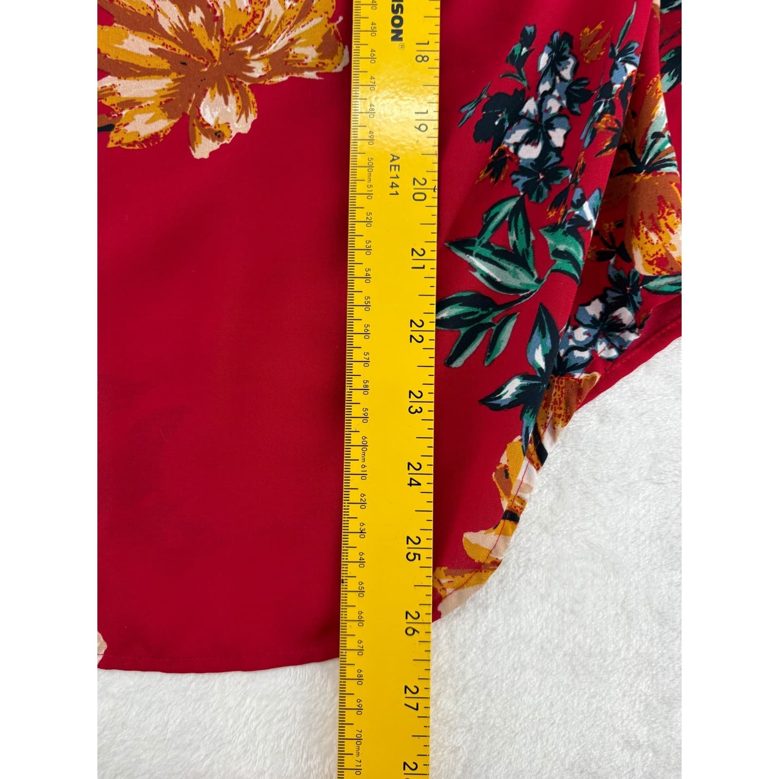 Van Heusen Blouse Womens M Top Red Floral Split Neck 3/4 Sleeve Button Front - Thumbnail 5