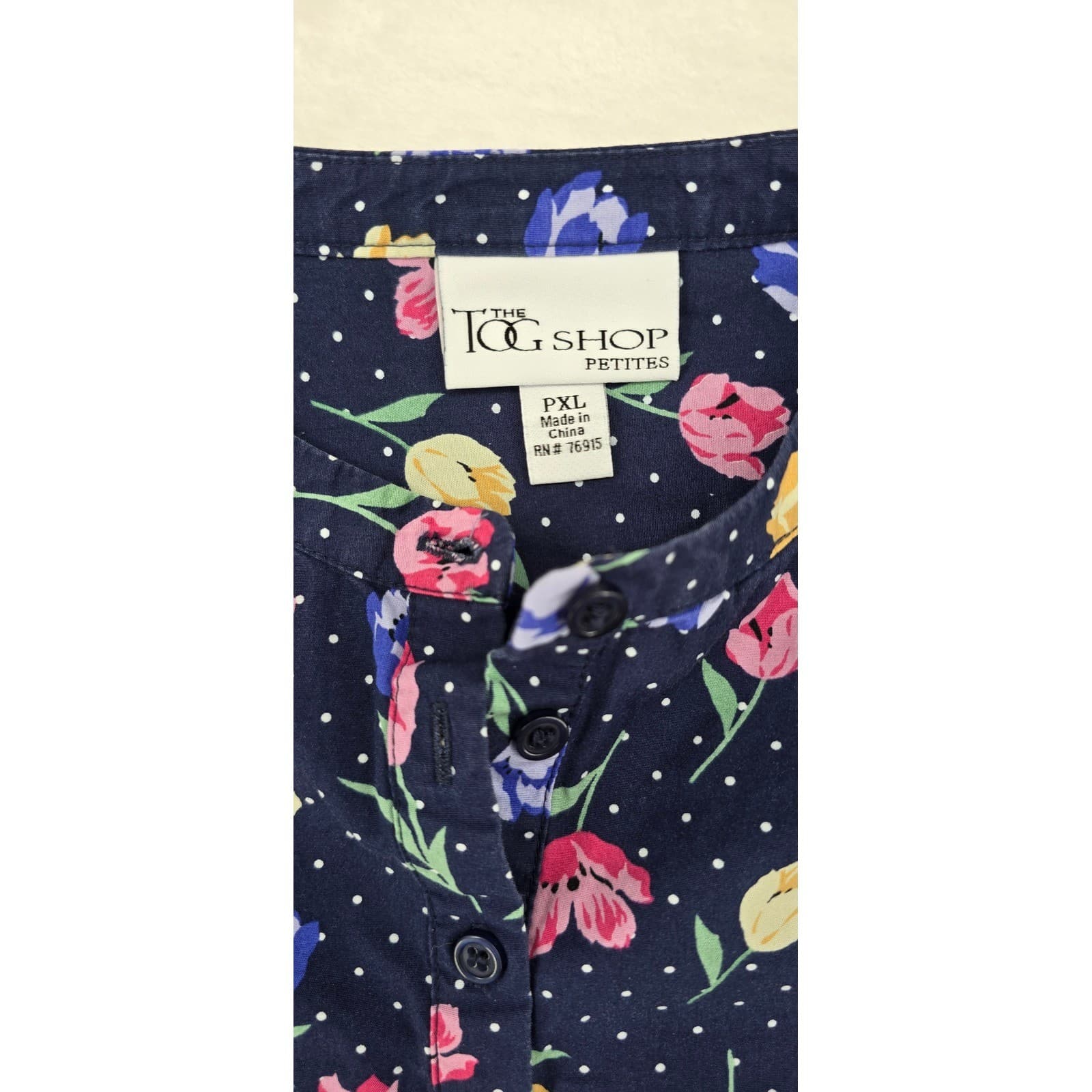 The Tog Shop Blouse Womens PXL Shirt Navy Blue Floral Tulip Polka Dot Cotton PXL - Thumbnail 2