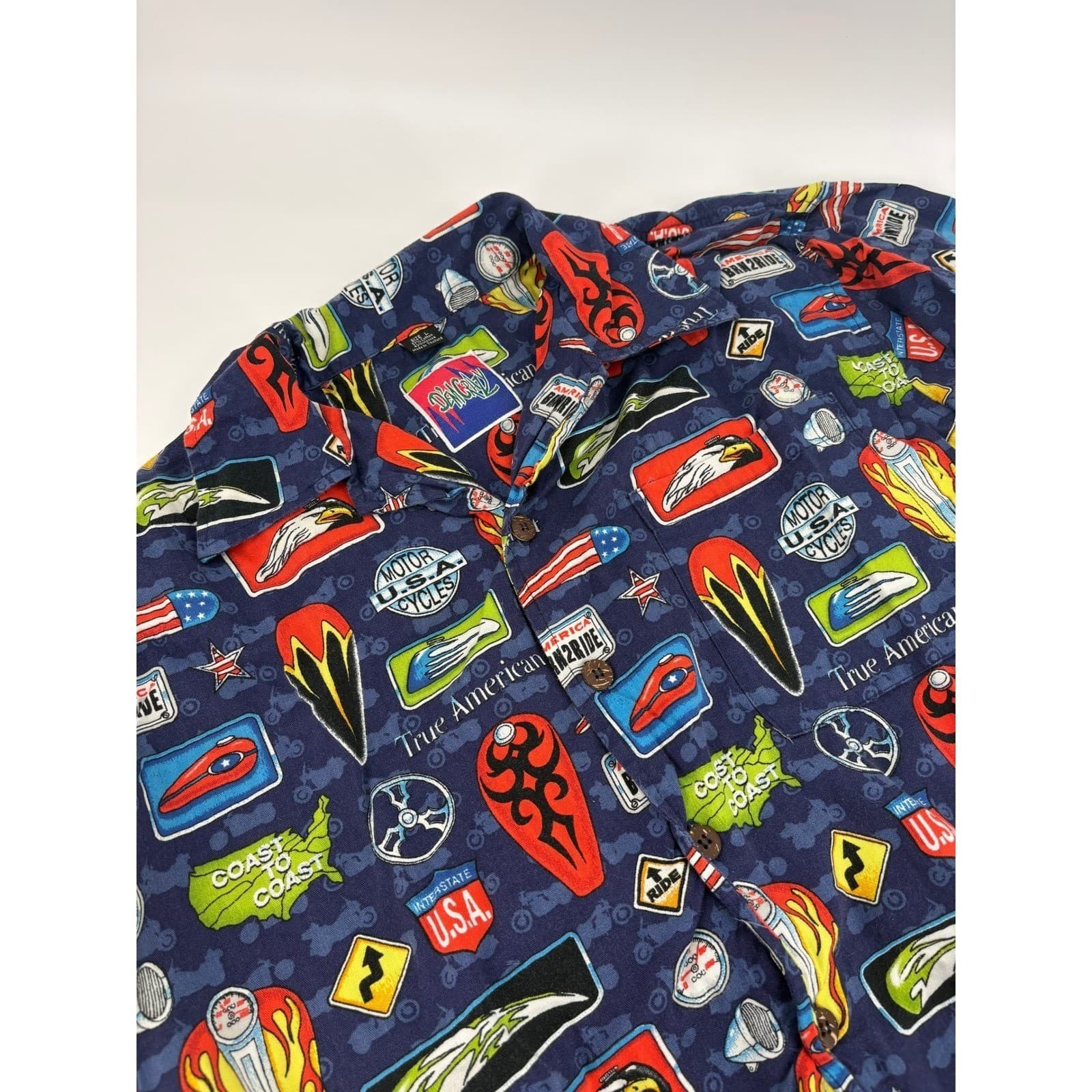 Dem Crazy Graphic Print Short Sleeve Button Up Shirt Blue large
