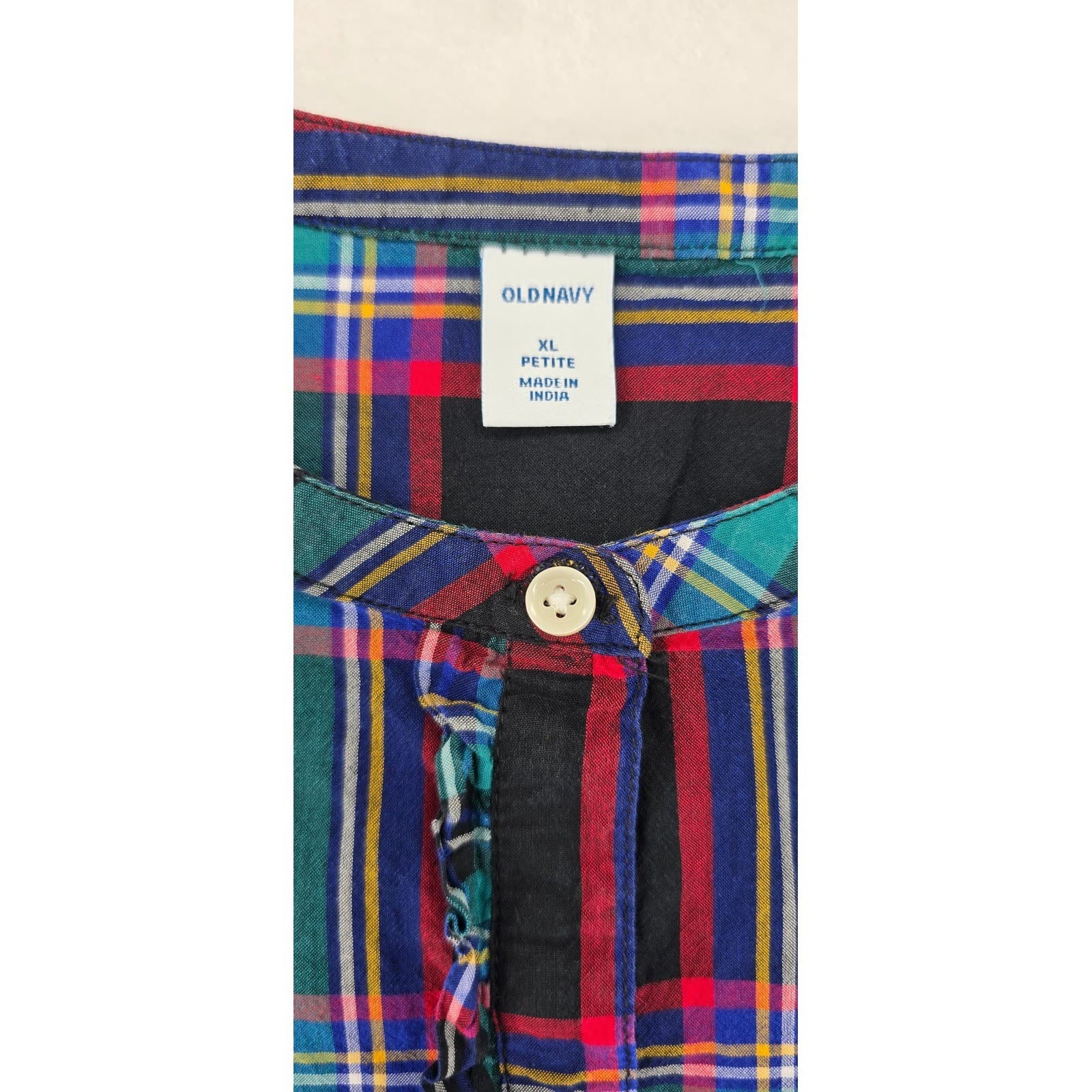 Old Navy Blouse Womens XL Petite Button Up Multi-Color Plaid Ruffle Trim Top - Thumbnail 2