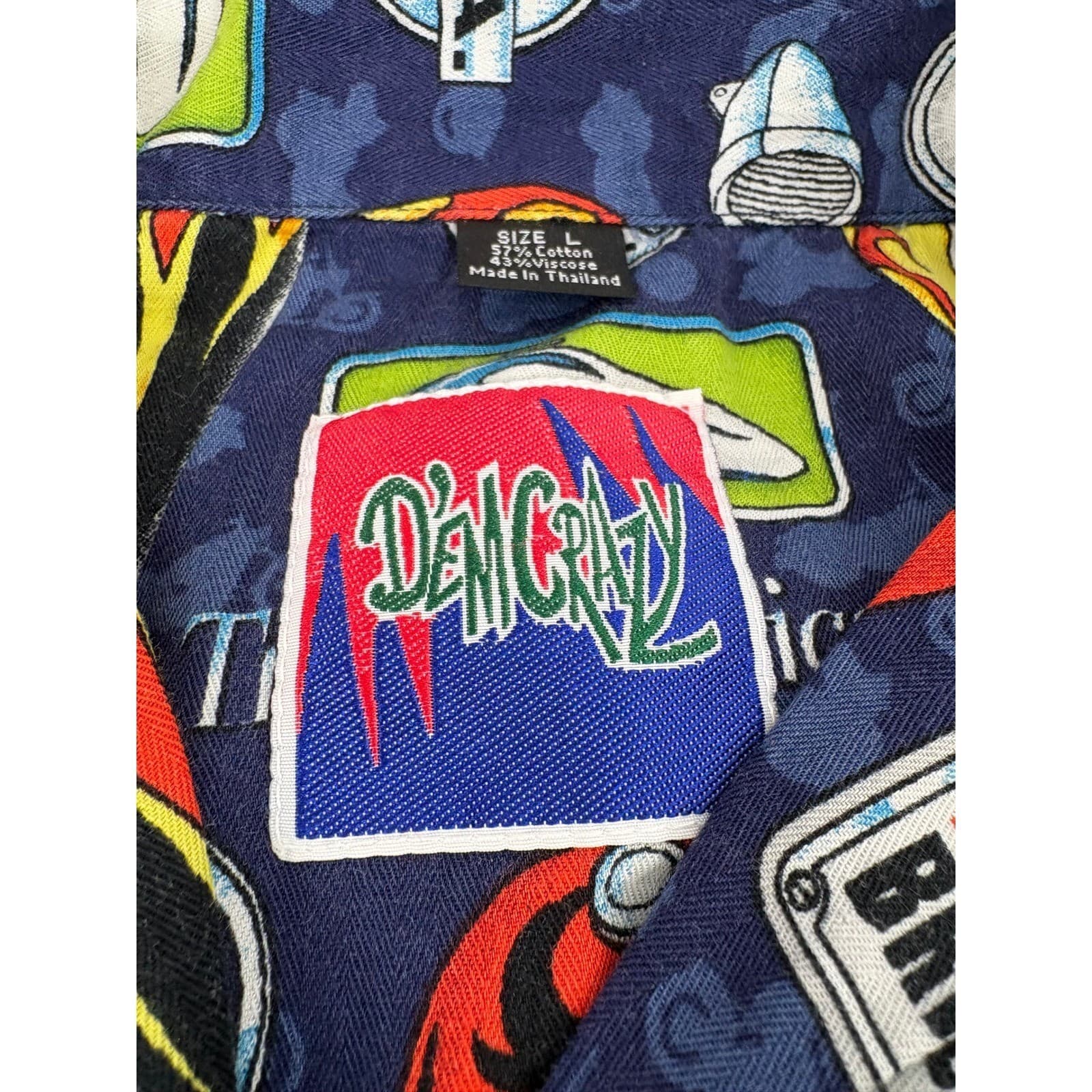 Dem Crazy Graphic Print Short Sleeve Button Up Shirt Blue large - Thumbnail 2