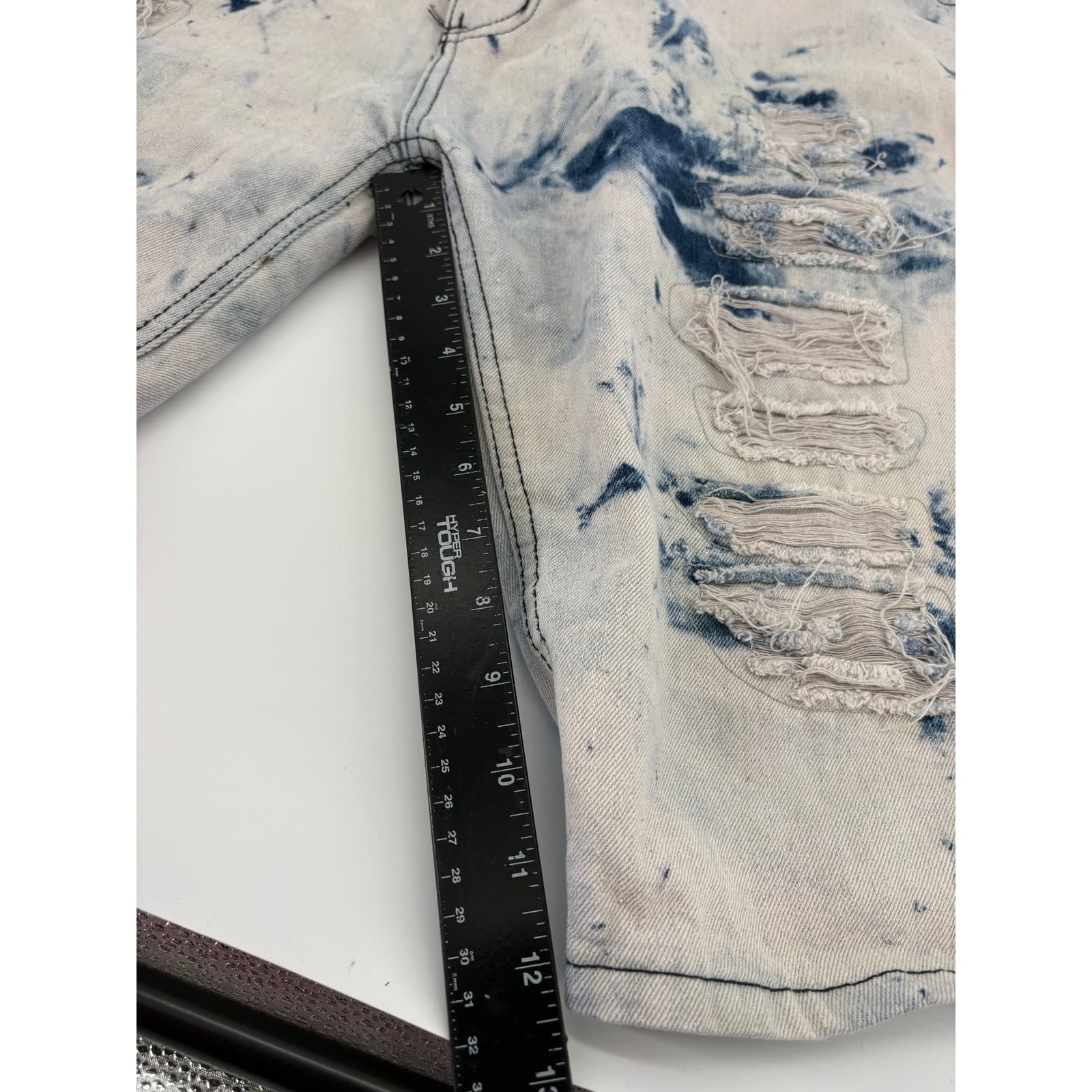 KROIX Premium Denim Men's Distressed Bleached Acid Wash Jeans Shorts Size 42 - Thumbnail 5