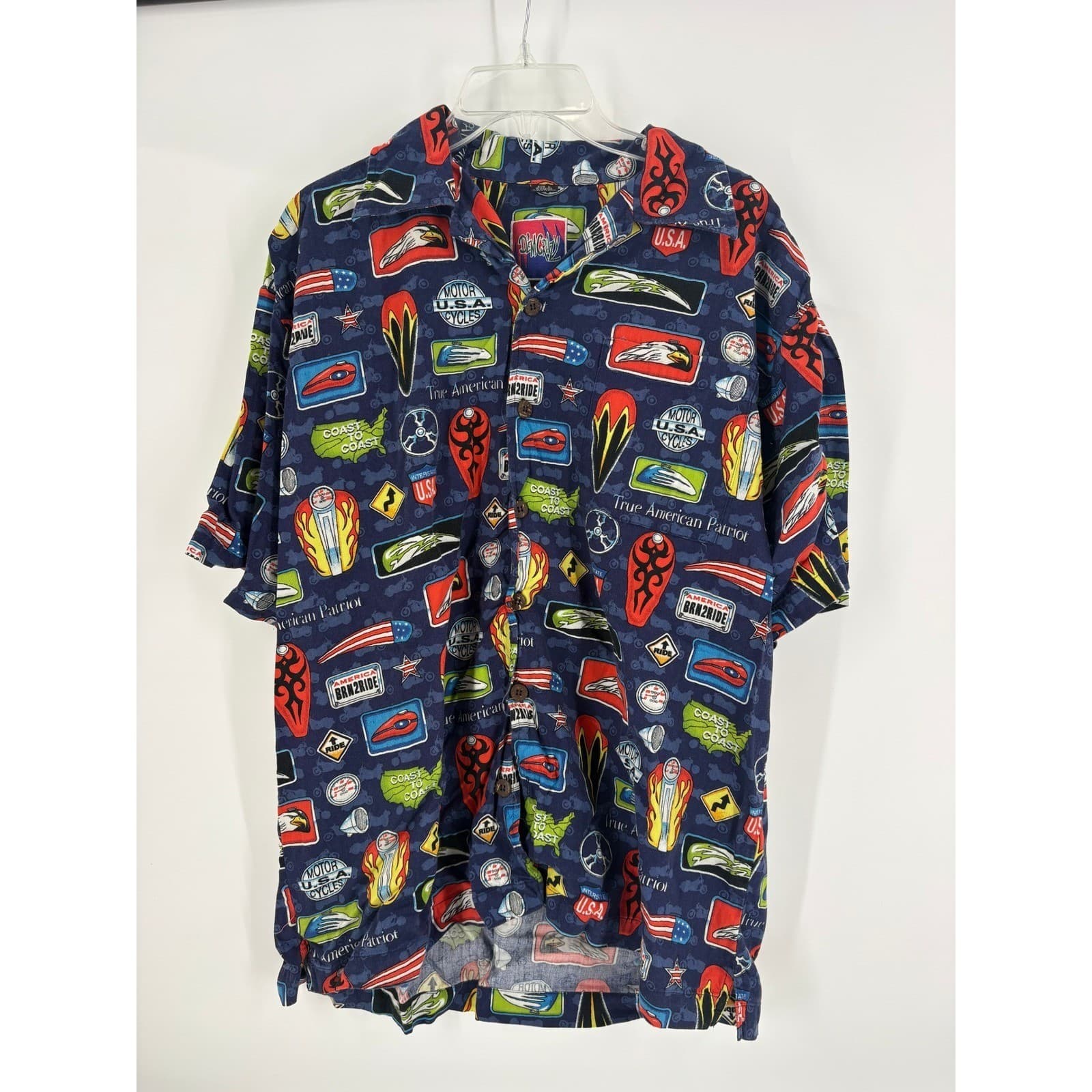 Dem Crazy Graphic Print Short Sleeve Button Up Shirt Blue large - Thumbnail 5