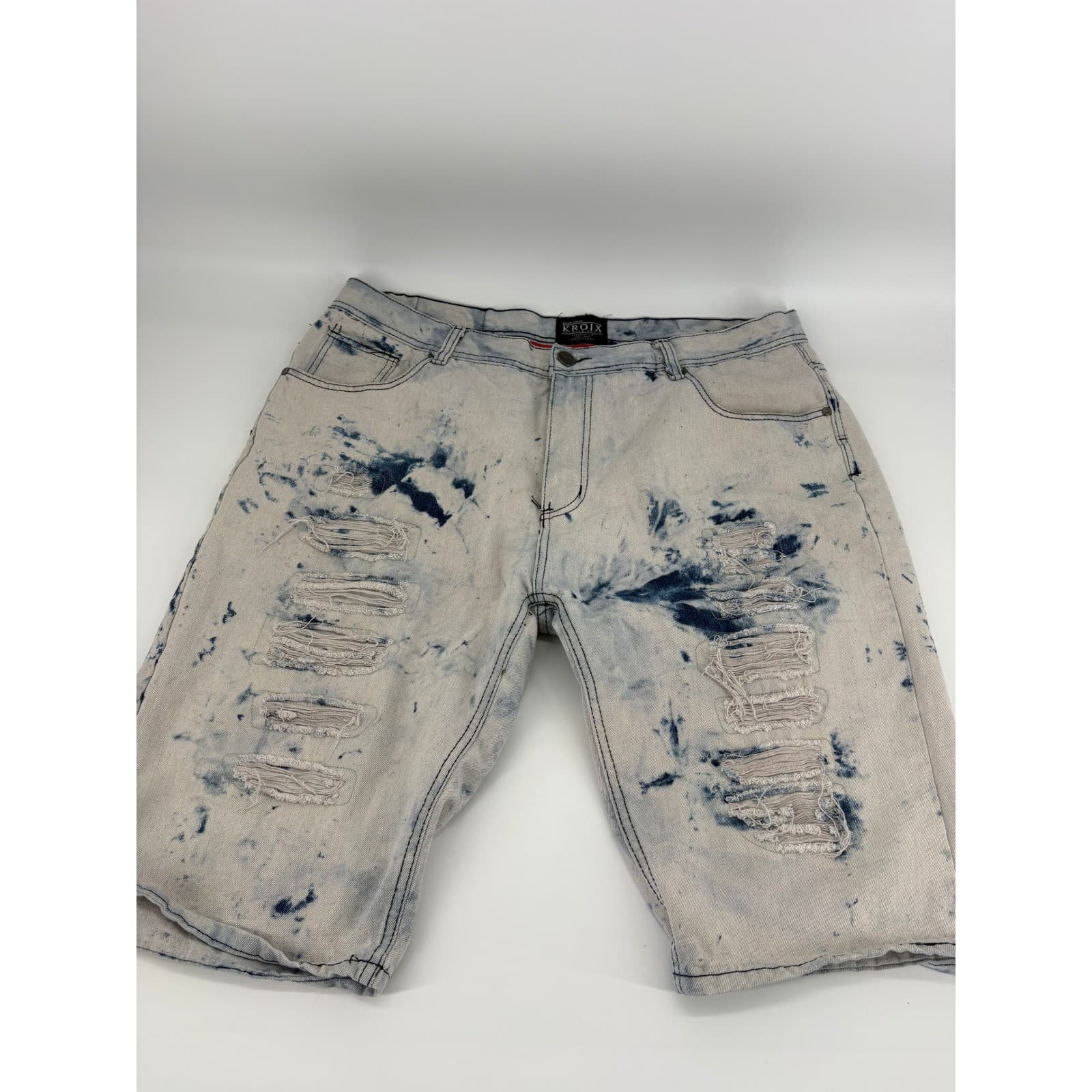 KROIX Premium Denim Men's Distressed Bleached Acid Wash Jeans Shorts Size 42 - Thumbnail 9