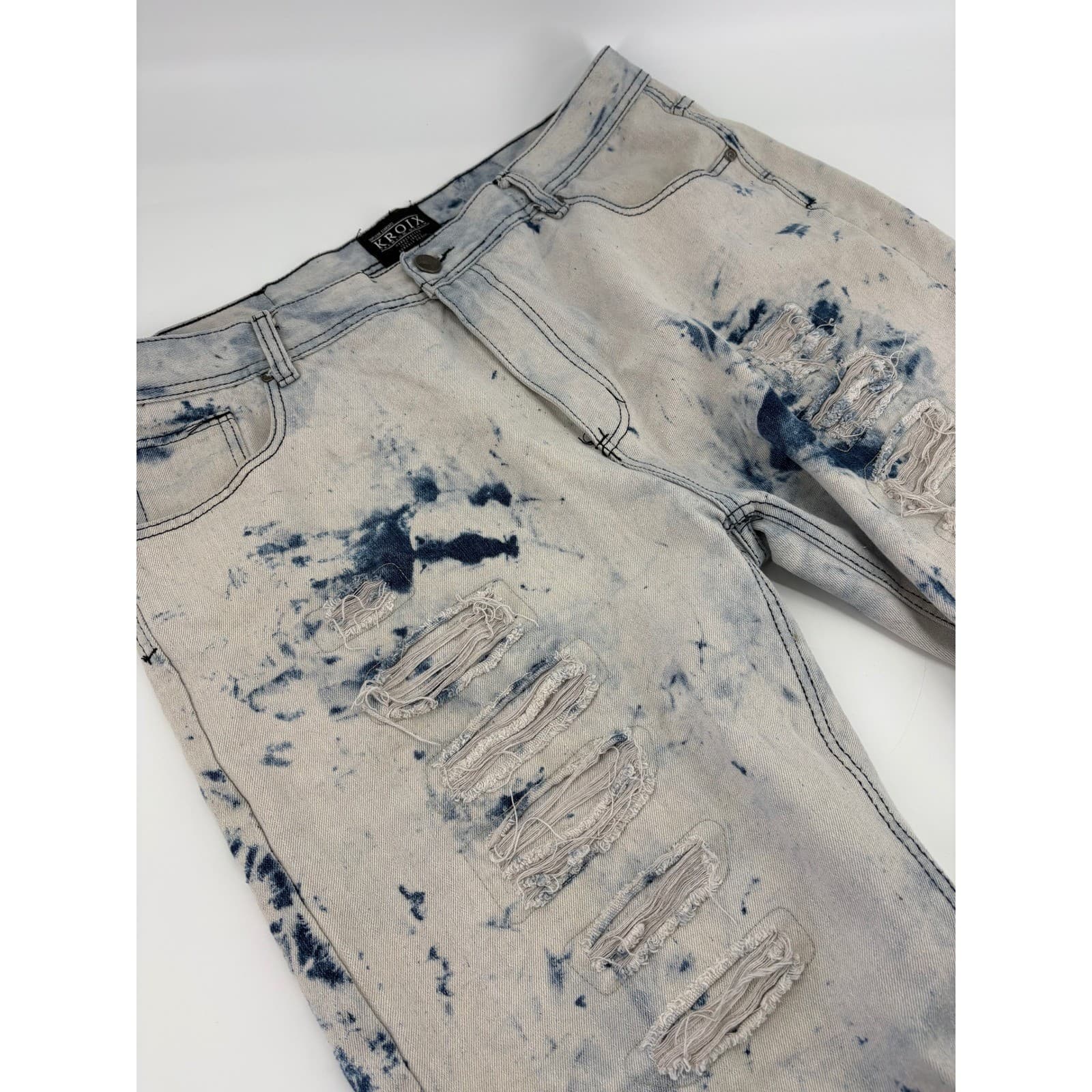 KROIX Premium Denim Men's Distressed Bleached Acid Wash Jeans Shorts Size 42