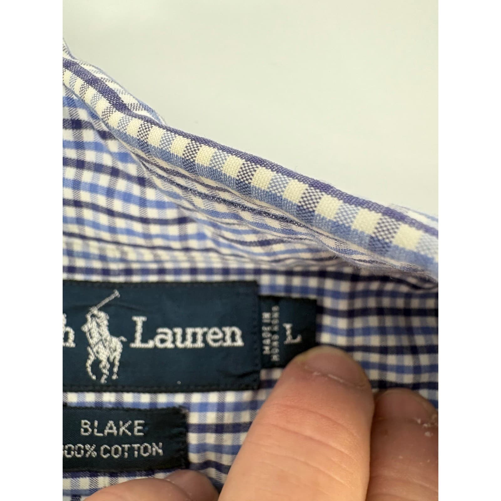 Ralph Lauren Blake Button Down Mens L Shirt Blue White Gingham Plaid Cotton - Thumbnail 3