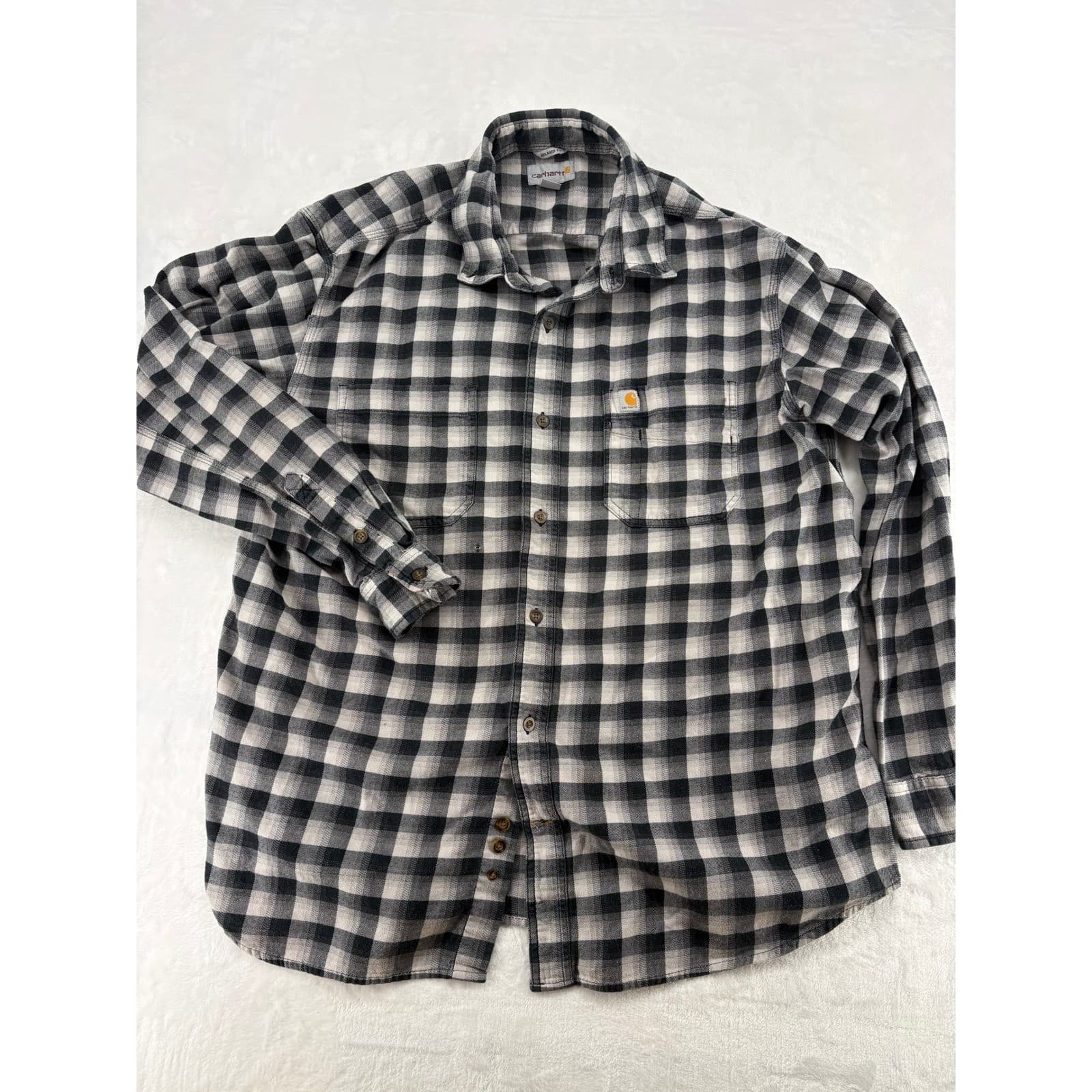 Carhartt Shirt Mens XL Button Up Black White Buffalo Plaid Relaxed Fit Flannel
