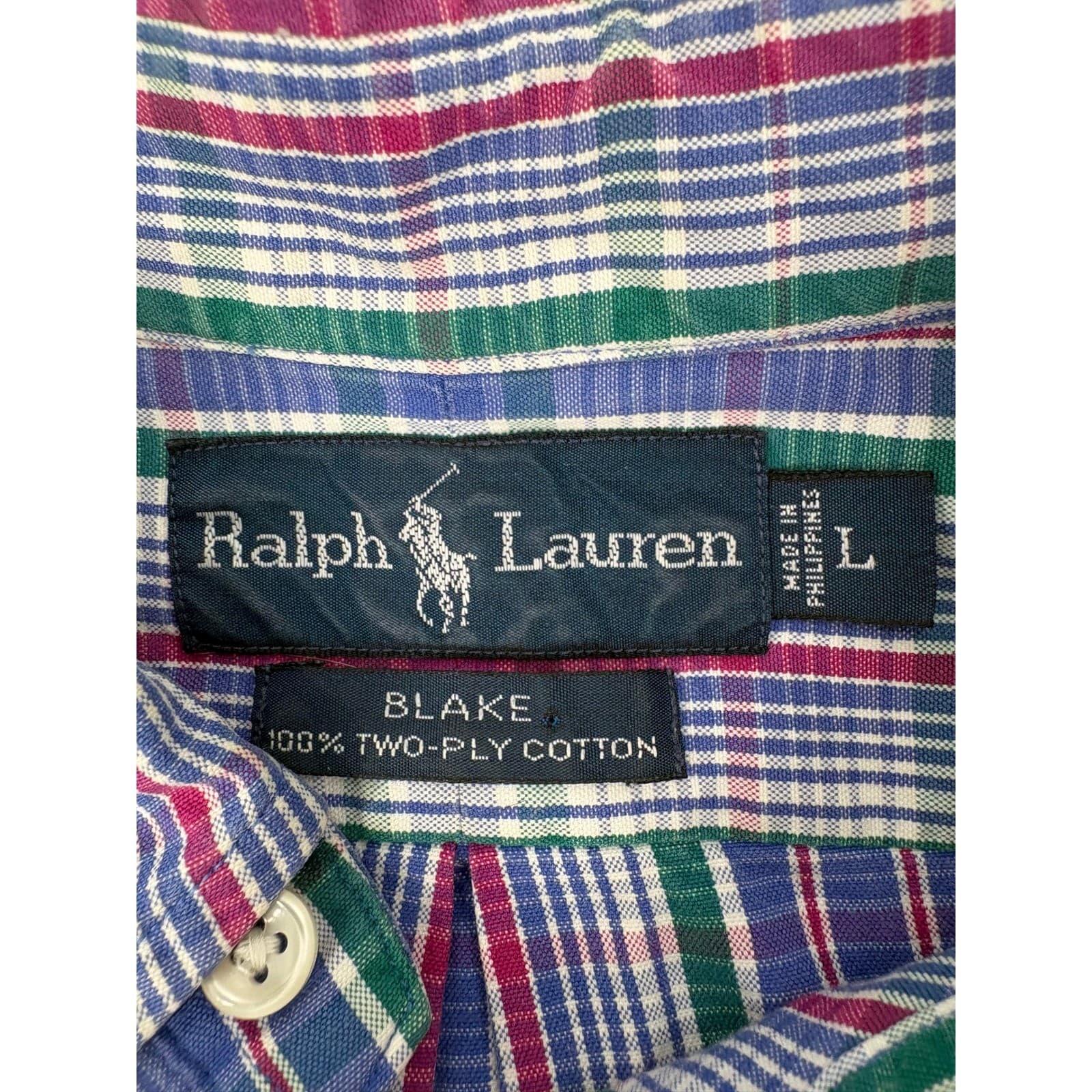 Ralph Lauren Blake Button Down Mens Large Shirt Blue Green Plaid Cotton L/S - Thumbnail 2