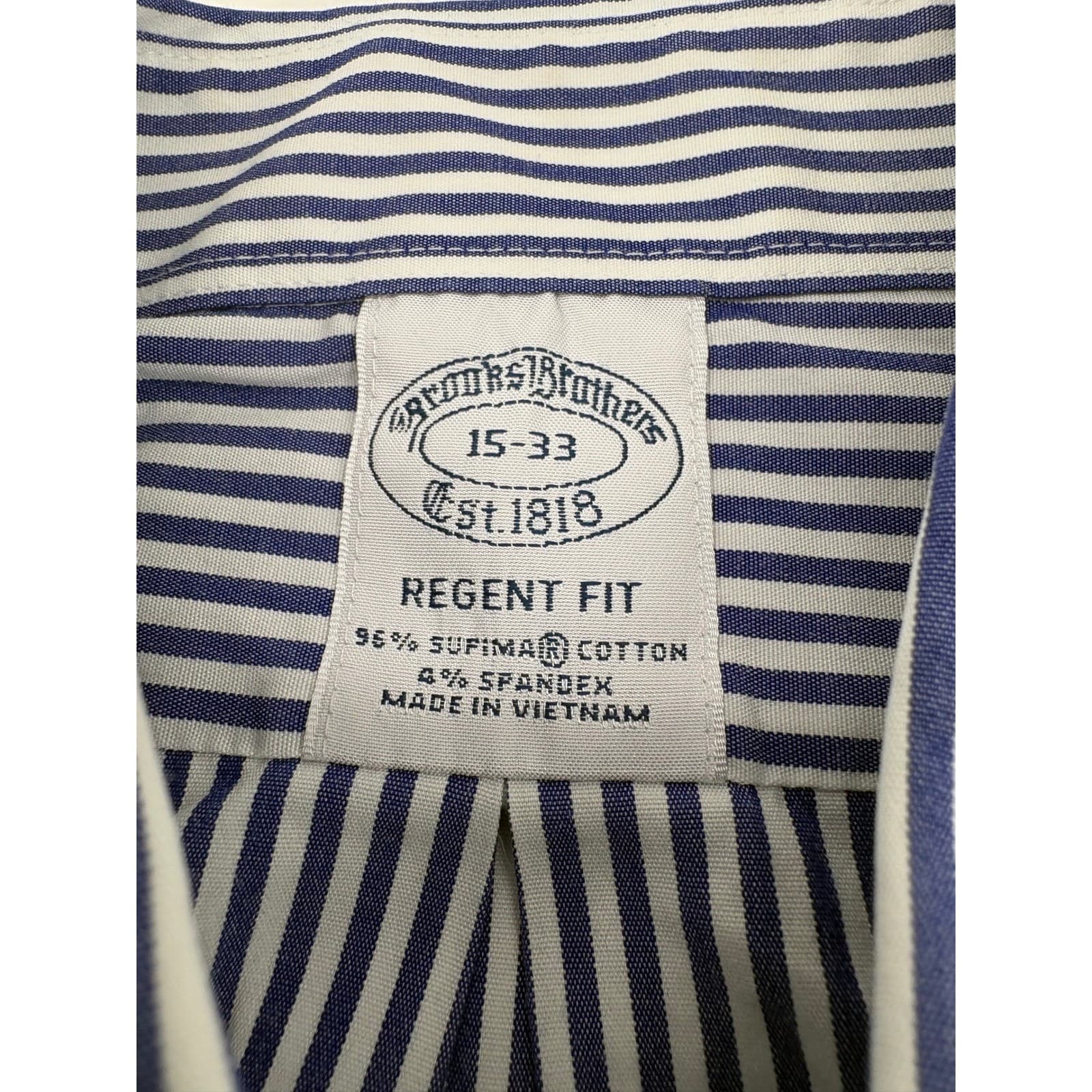 Brooks Brothers Button Down Mens 15-33 Shirt Blue White Striped Regent Fit - Thumbnail 2