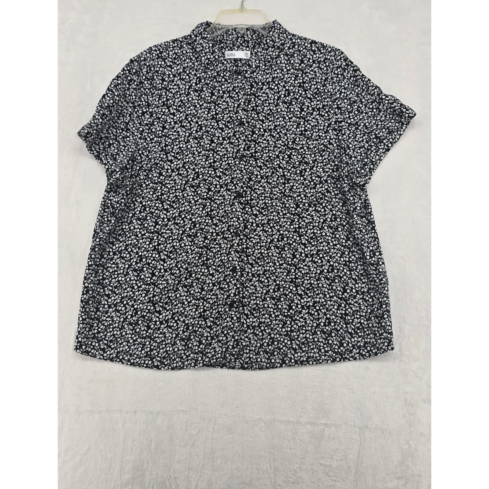 Croft & Barrow Button Down Womens PXL Blouse Black Floral Rayon Short Sleeve