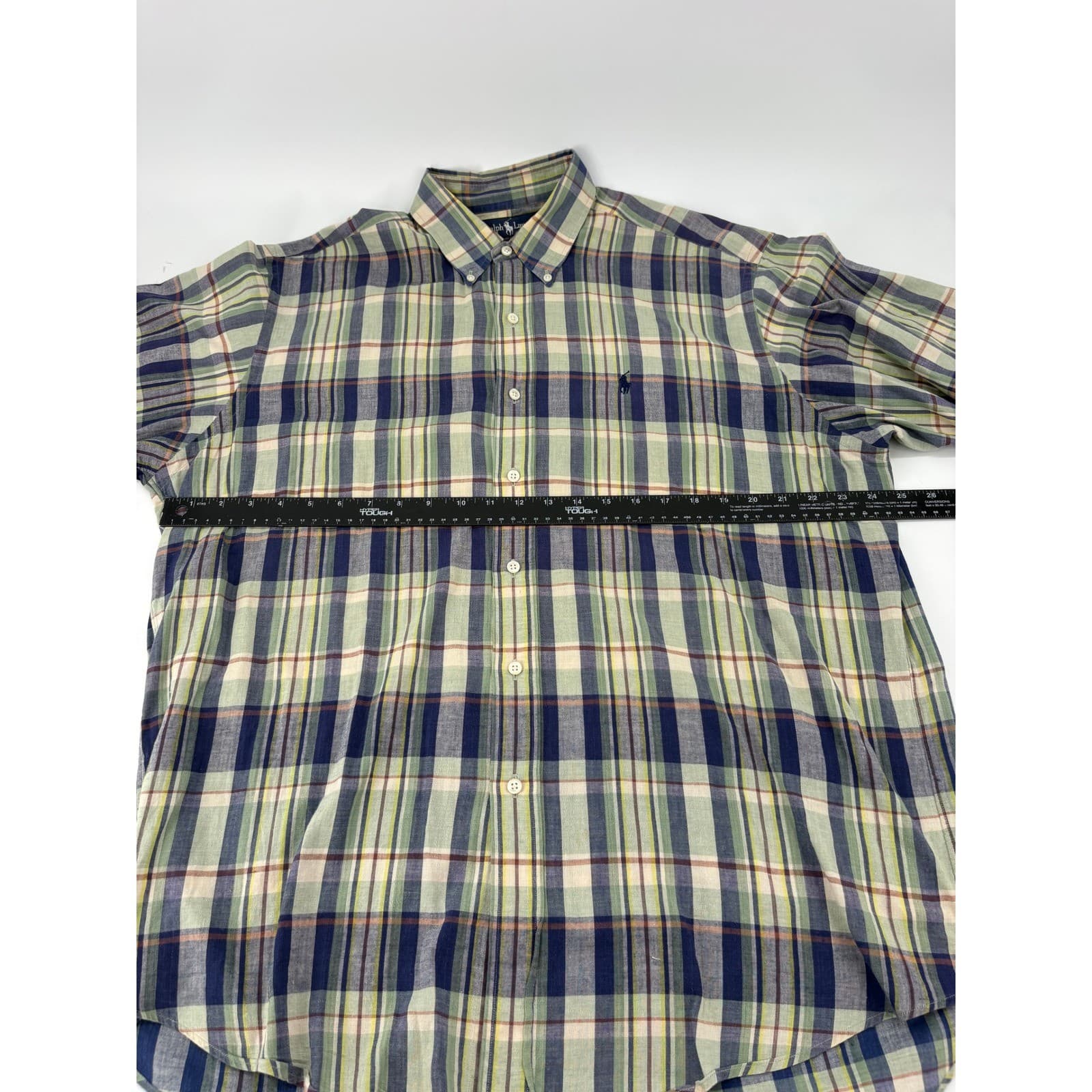 Ralph Lauren Shirt Mens L Short Sleeve Green Blue Plaid Cotton Button Down - Thumbnail 4