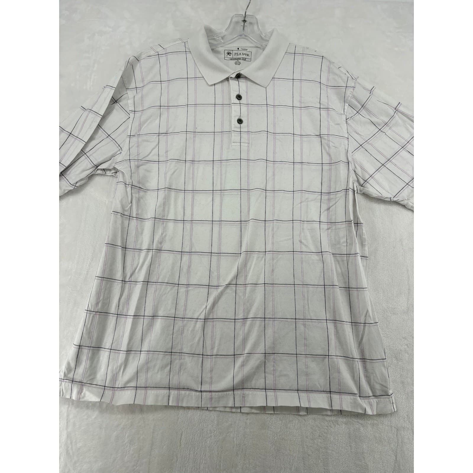 Jos. A. Bank Leadbetter Golf Mens XL Polo Shirt White Plaid Cotton Short Sleeve