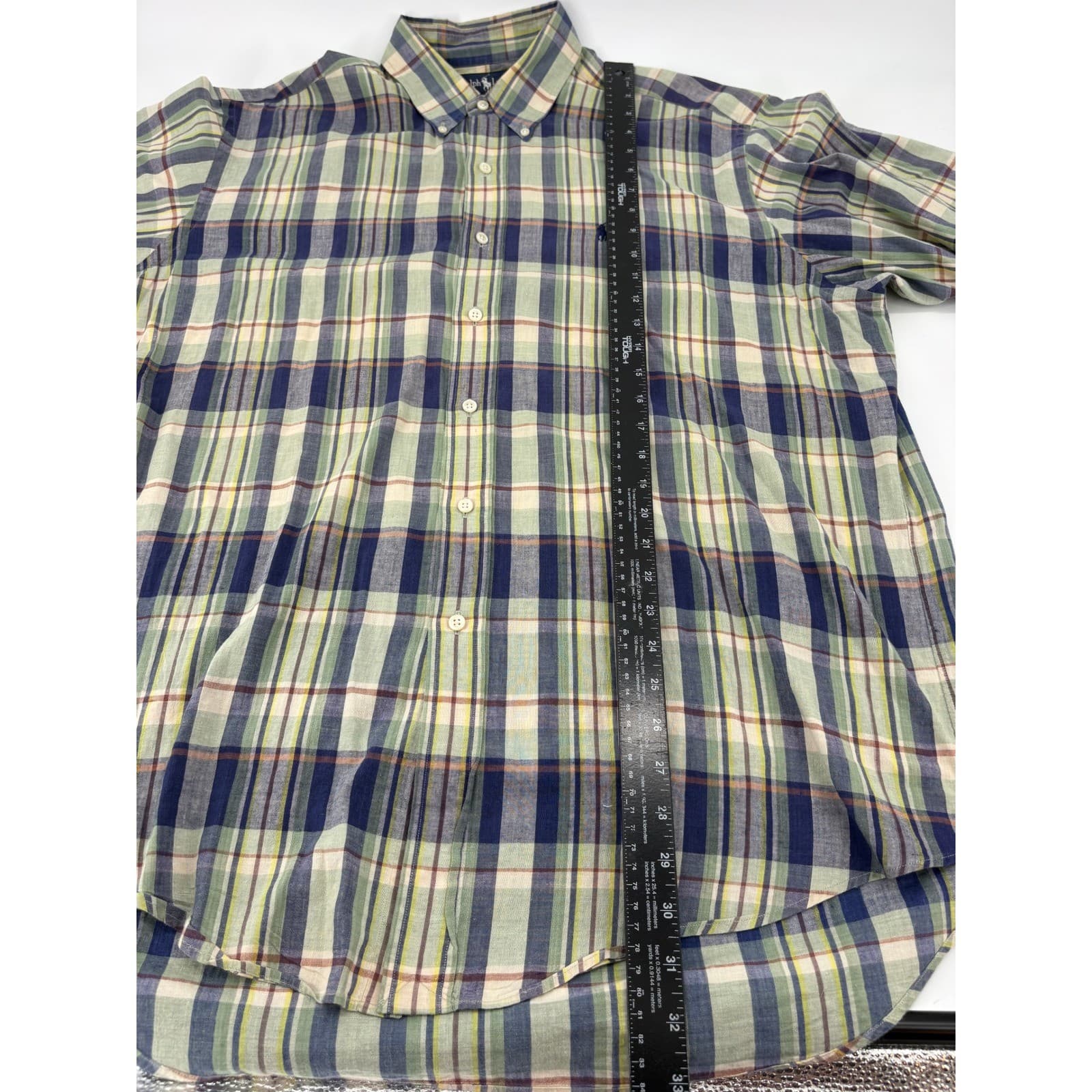 Ralph Lauren Shirt Mens L Short Sleeve Green Blue Plaid Cotton Button Down - Thumbnail 5