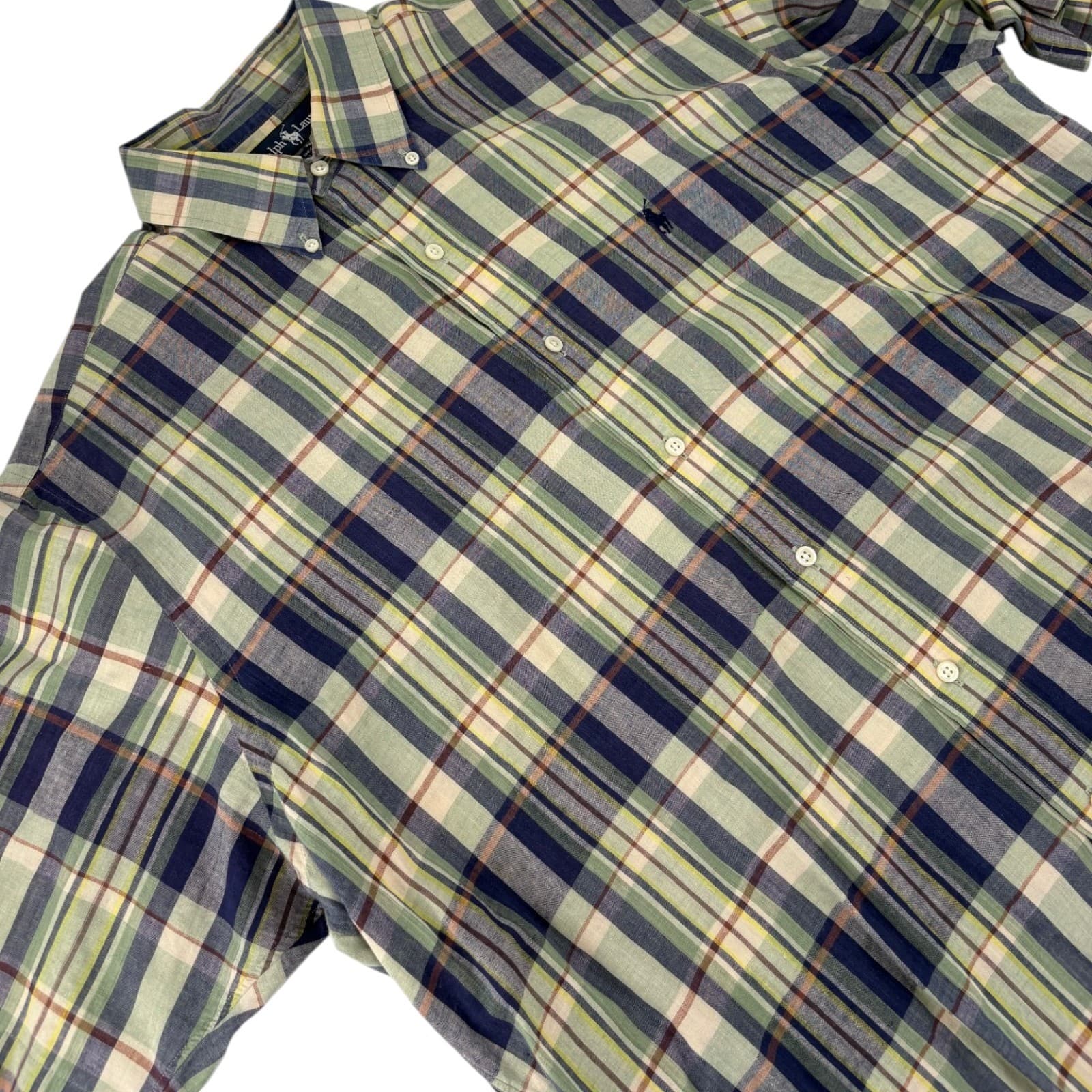 Ralph Lauren Shirt Mens L Short Sleeve Green Blue Plaid Cotton Button Down