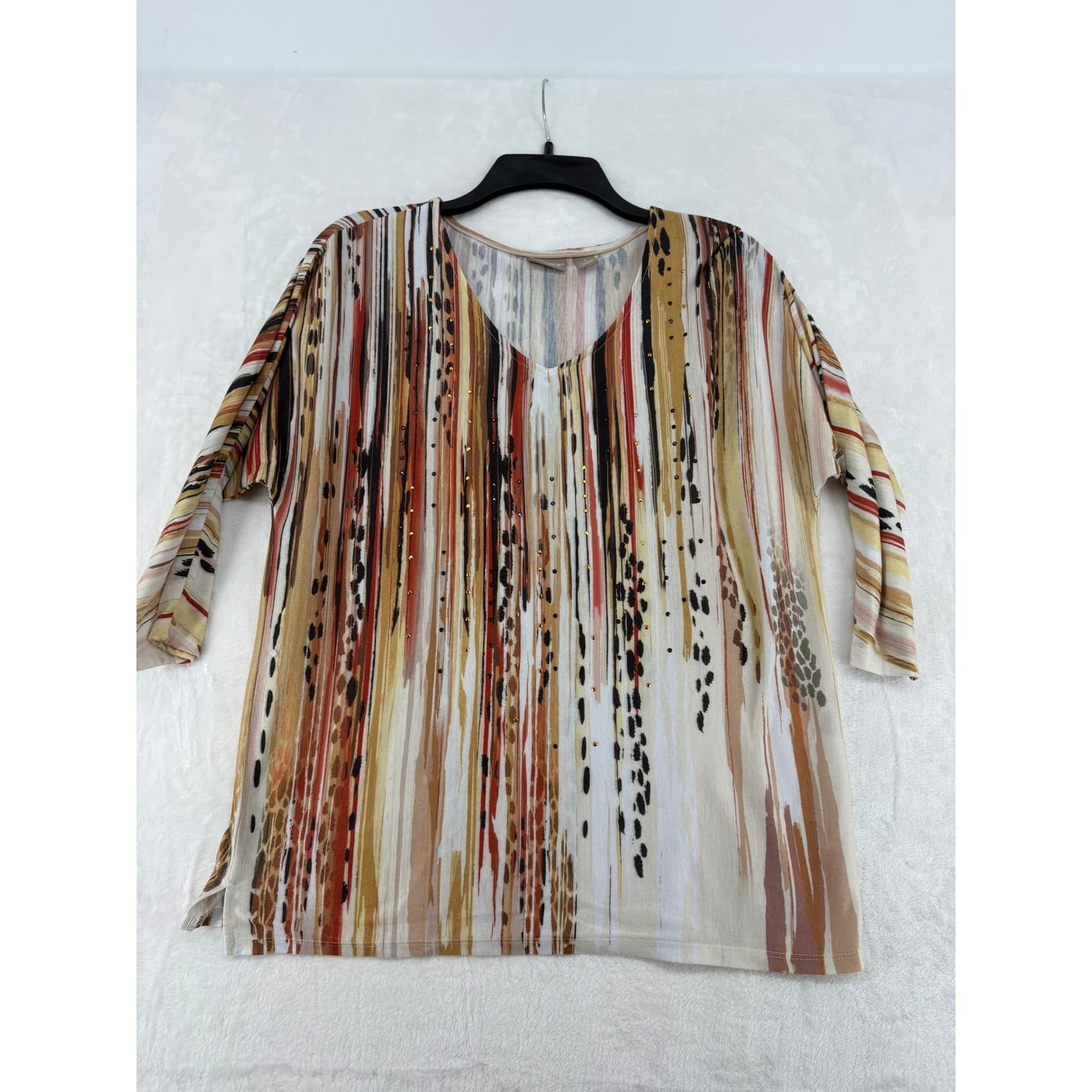 Chico's Blouse Womens 1 Top Multicolor Abstract Stripe Studded V-Neck 3/4 Sleeve