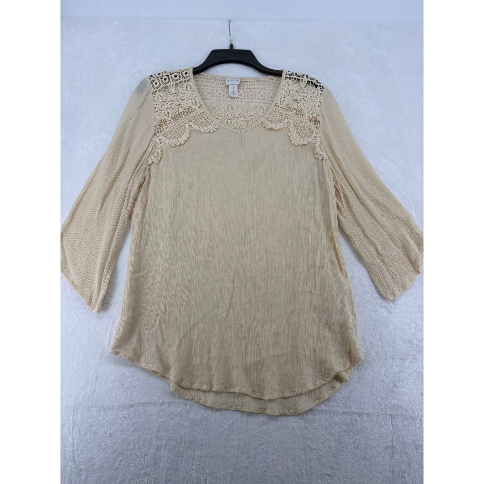 Chico's Blouse Womens 1 Medium Top Cream Lace Yoke 3/4 Sleeve Rayon Gauze