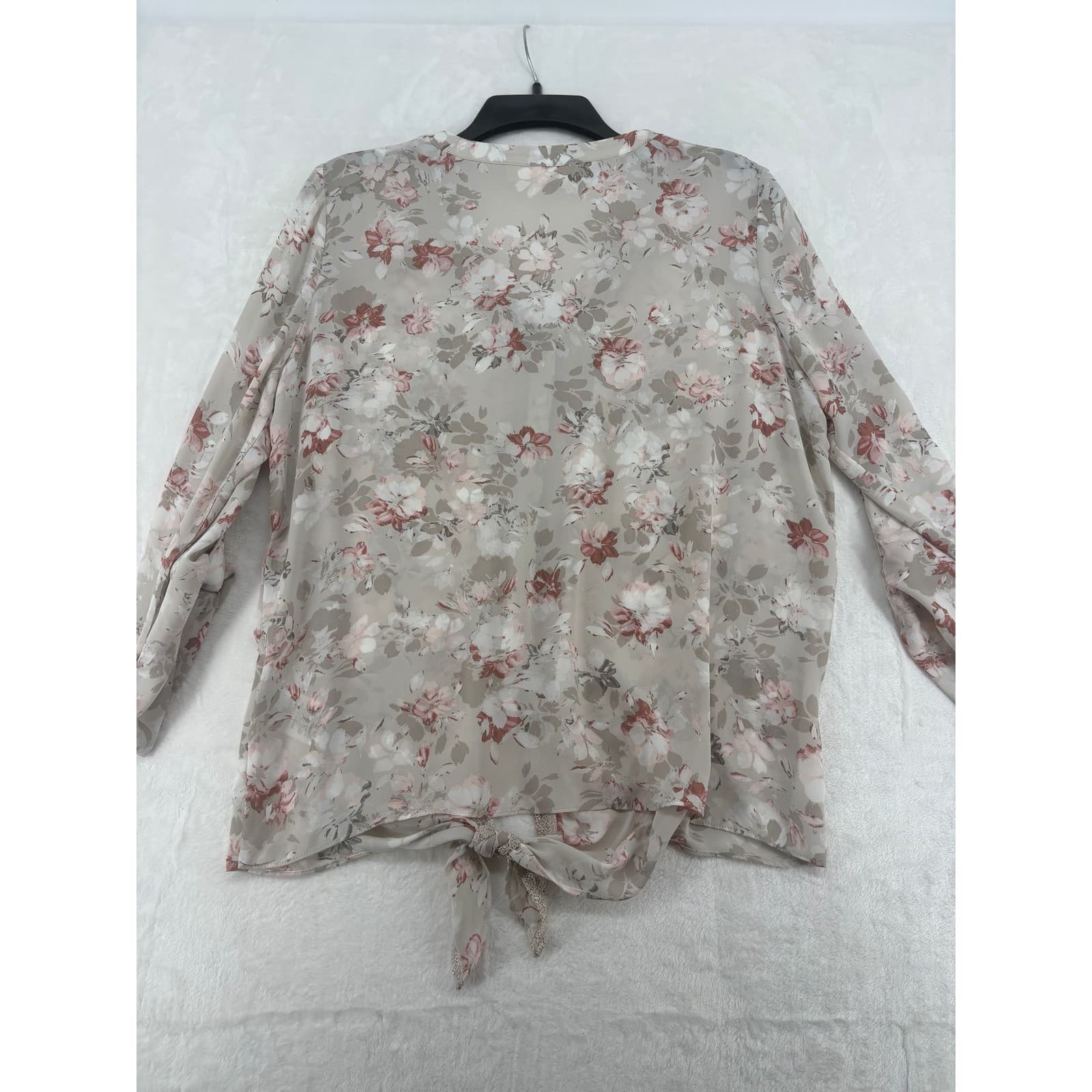 Emaline Blouse Women M Button Front Beige Floral Lace Shoulder Tie Hem Georgette - Thumbnail 8