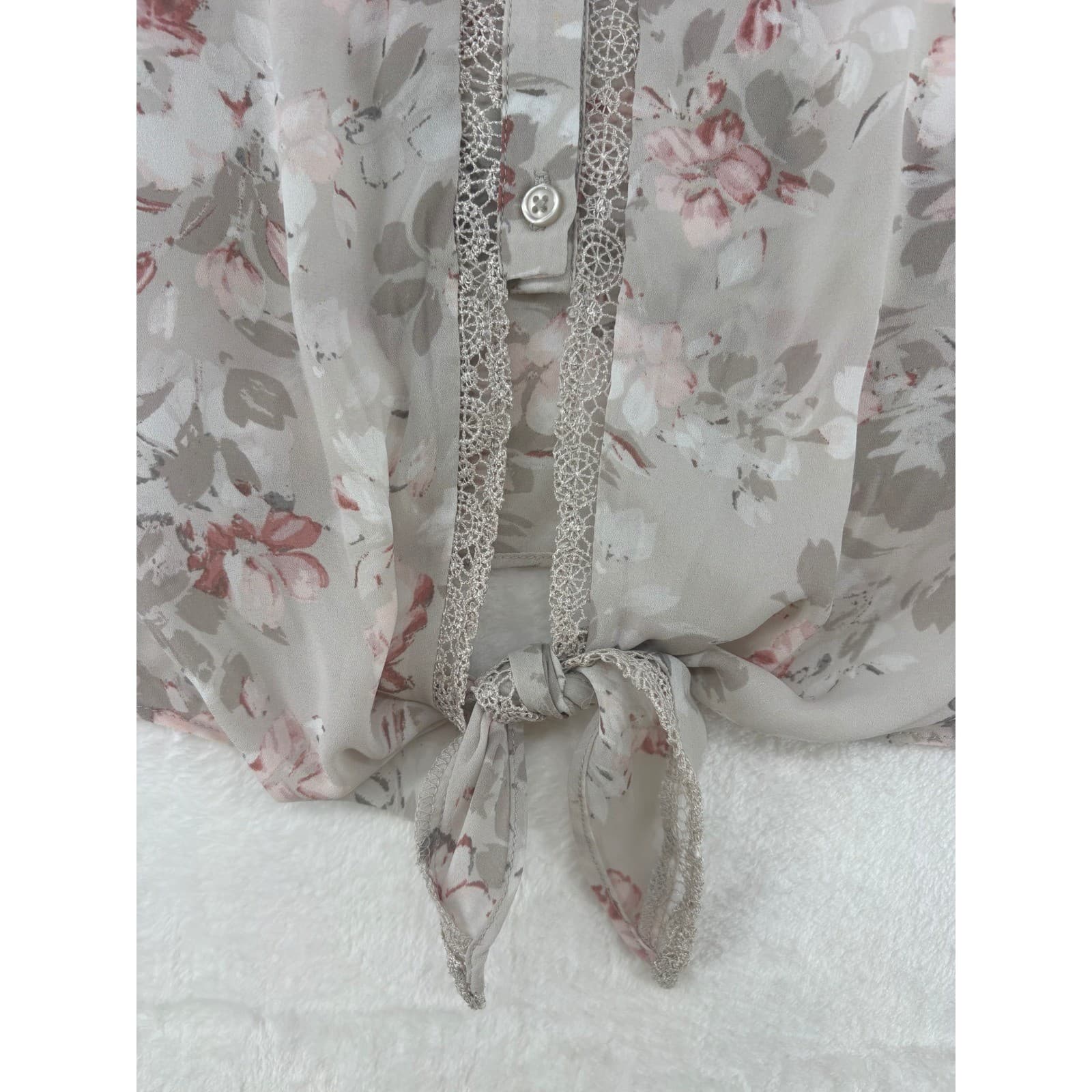 Emaline Blouse Women M Button Front Beige Floral Lace Shoulder Tie Hem Georgette - Thumbnail 4