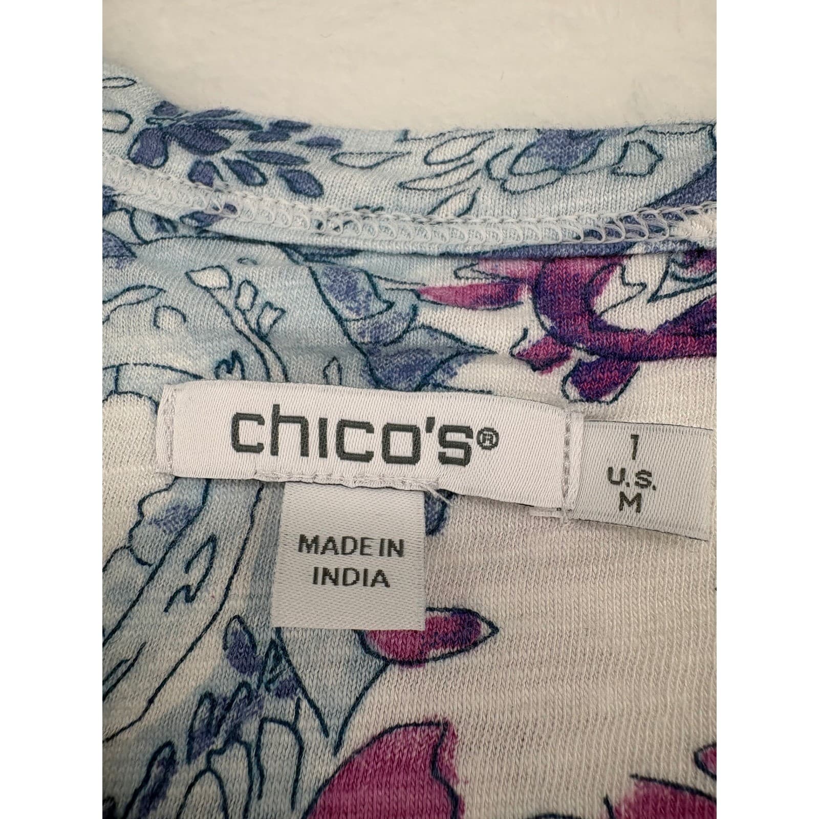 Chico's Top Womens 1 Medium T-Shirt White Purple Paisley 3/4 Sleeve High Low - Thumbnail 2