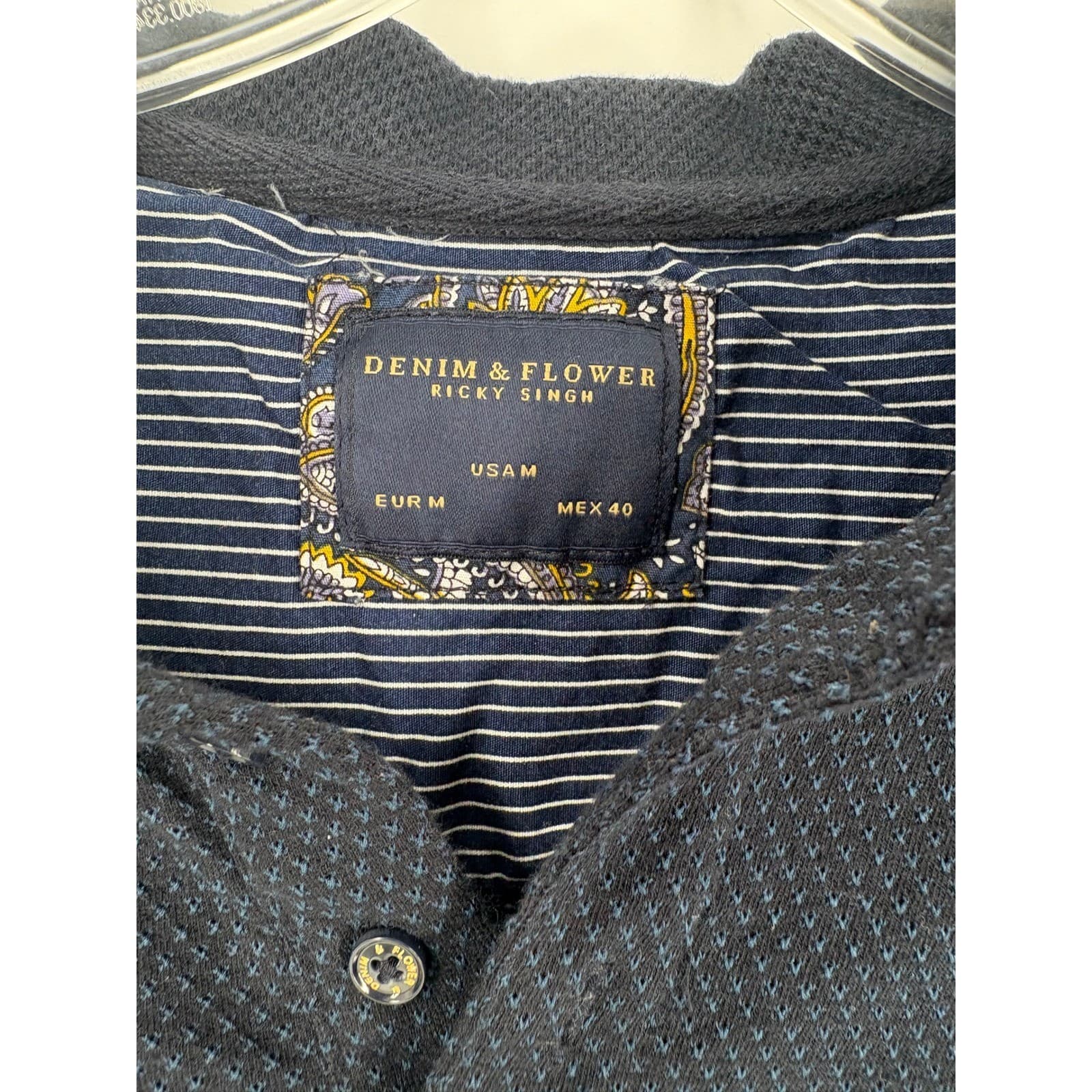 DENIM & FLOWER RICKY SINGH Mens US M Textured Polo Shirt Navy Orange Trim - Thumbnail 2