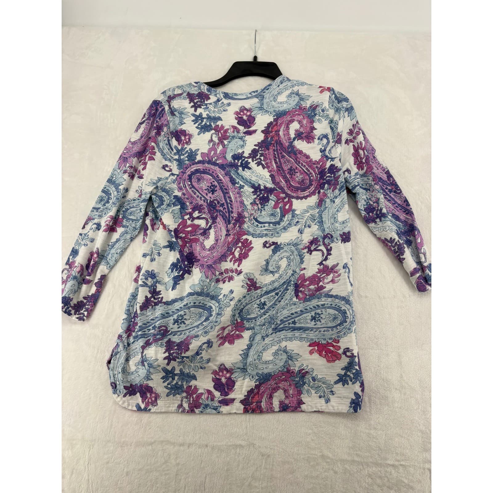 Chico's Top Womens 1 Medium T-Shirt White Purple Paisley 3/4 Sleeve High Low - Thumbnail 5