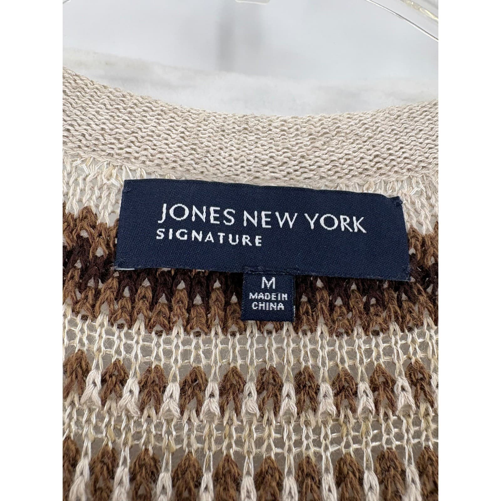 Jones New York Cardigan Womens M Sweater Beige Brown Striped Open Front Belted - Thumbnail 2
