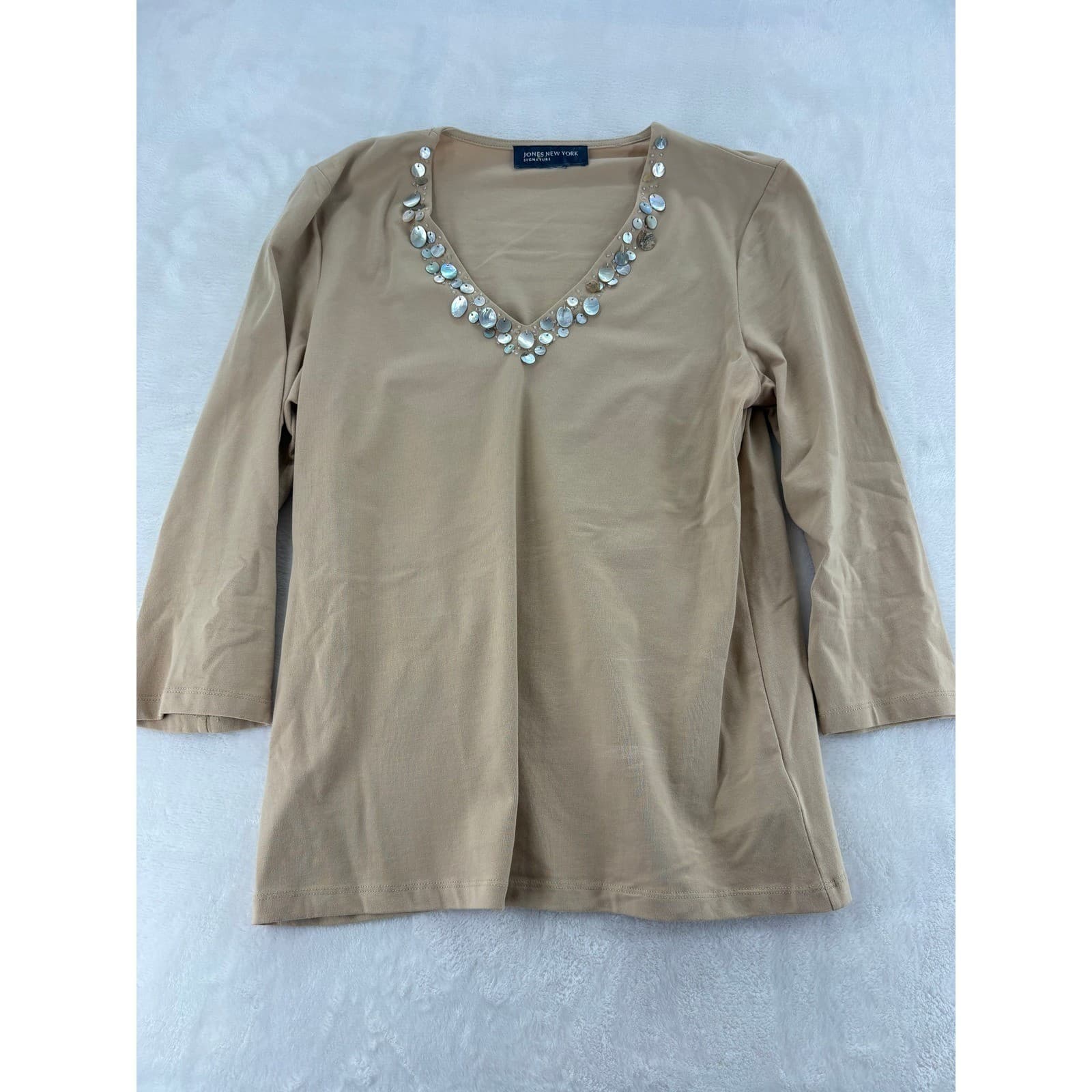 Jones New York Signature Pant Set Womens 12 2pc Tan Embellished Top Pants - Thumbnail 3