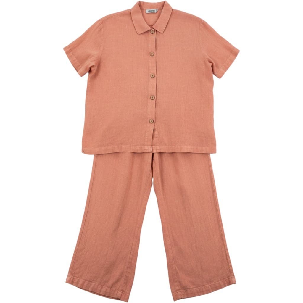 Hot Cotton Pant Set Womens L 2 Piece Shirt Pants Coral Peach Cotton AE141