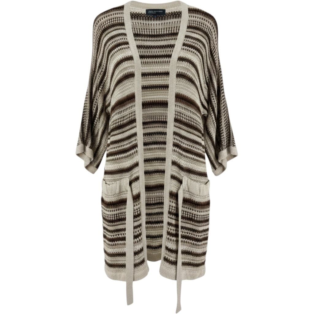 Jones New York Cardigan Womens M Sweater Beige Brown Striped Open Front Belted
