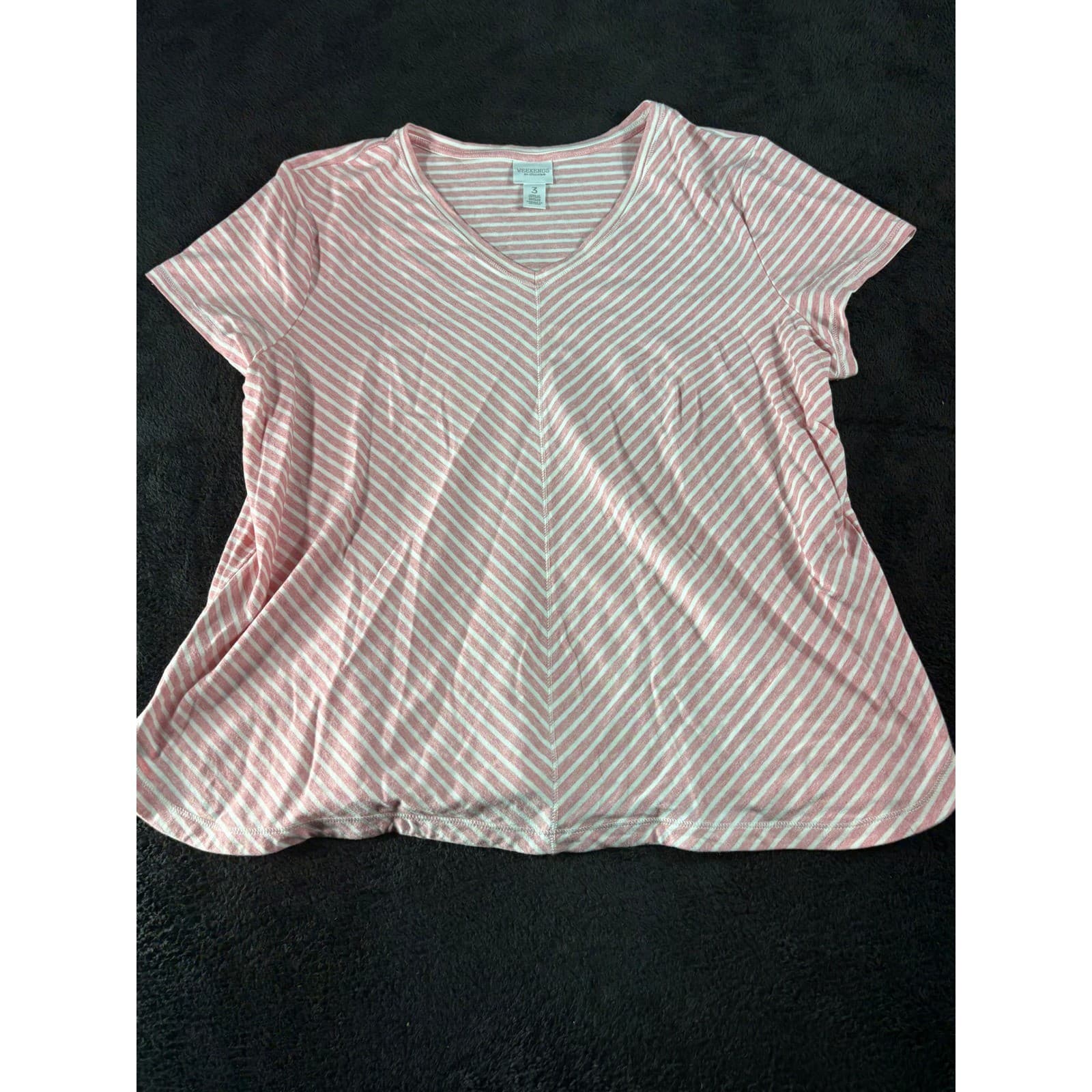 Weekends by Chico's Striped V-Neck Top Women's Size 3 Pink White Short Sleeve
