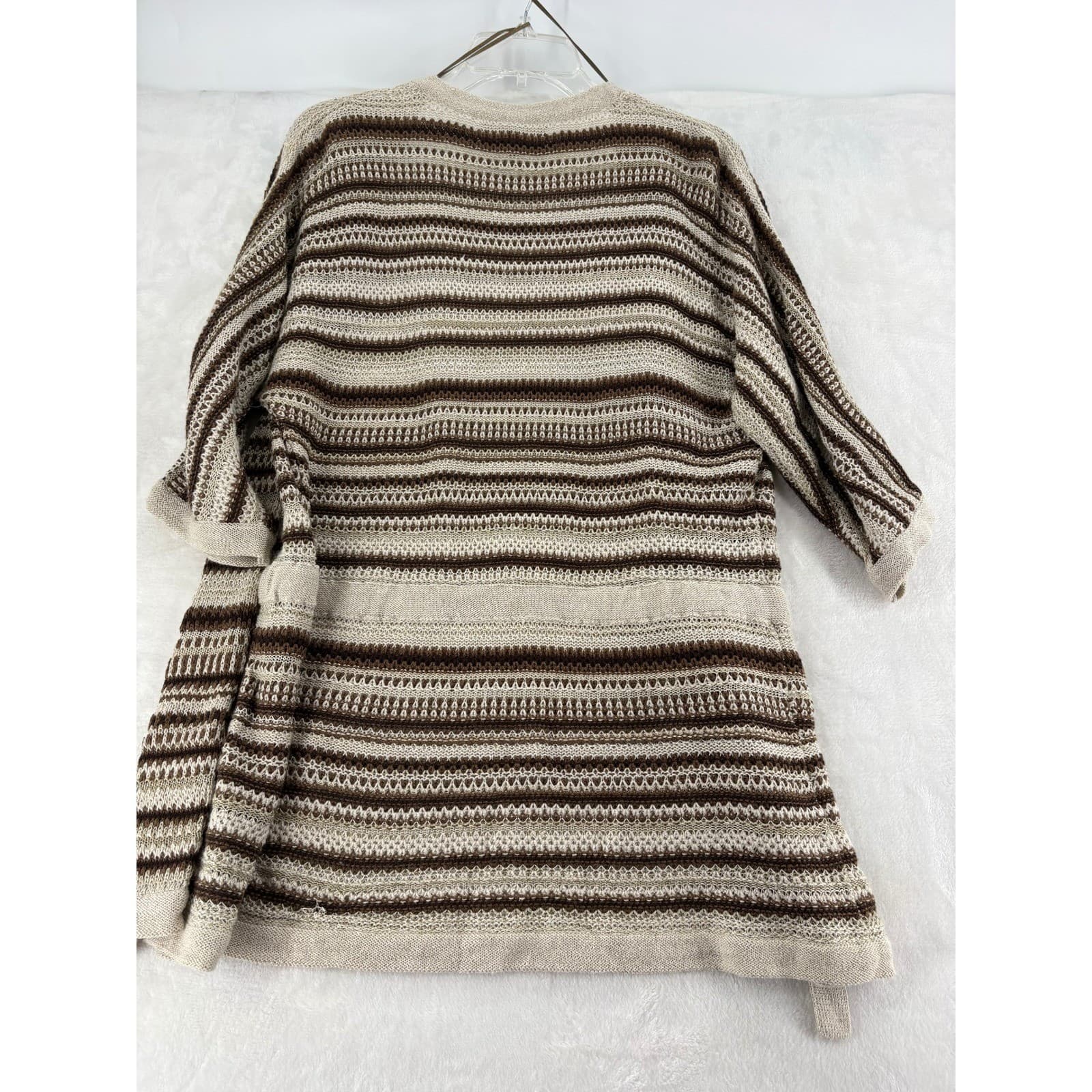 Jones New York Cardigan Womens M Sweater Beige Brown Striped Open Front Belted - Thumbnail 5