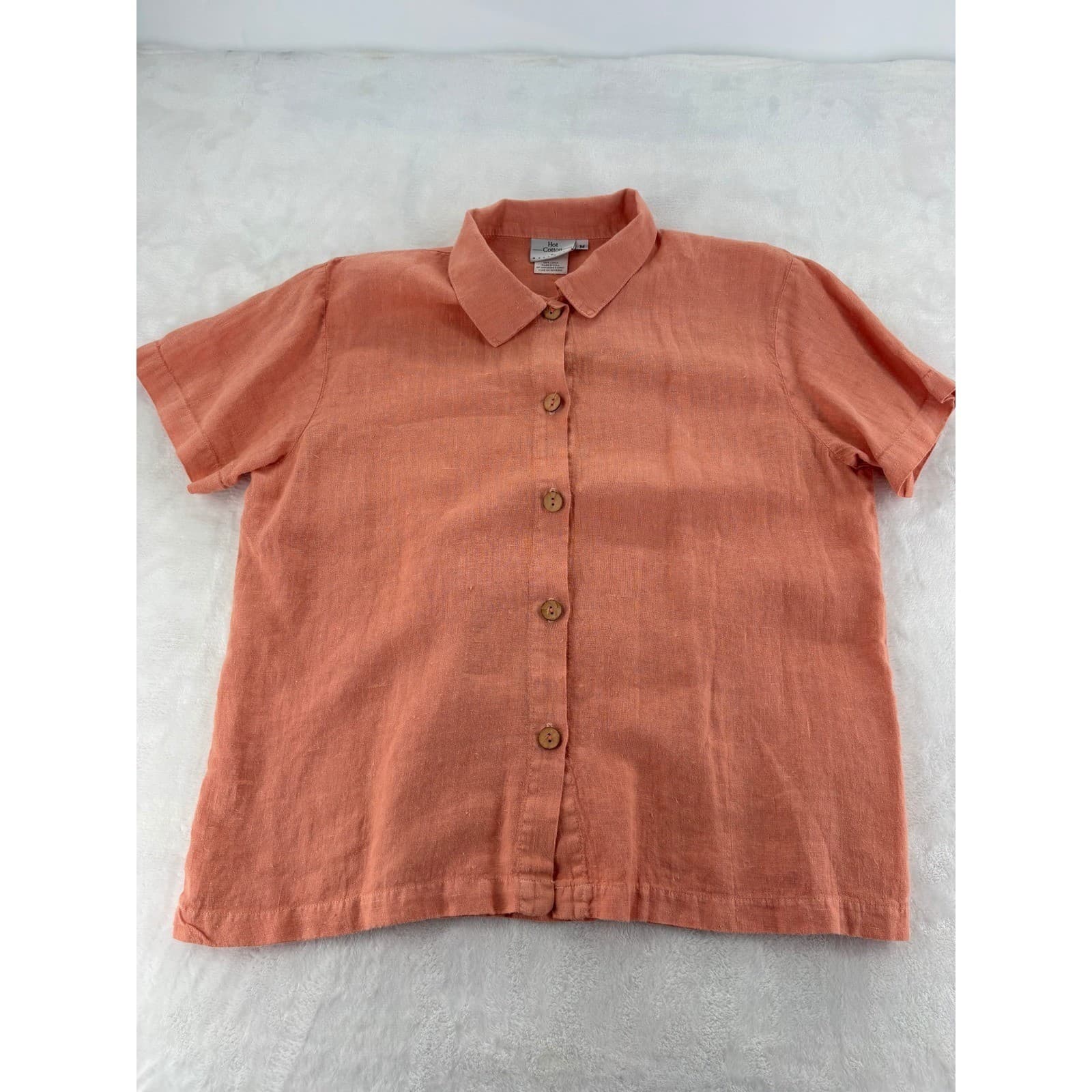 Hot Cotton Pant Set Womens L 2 Piece Shirt Pants Coral Peach Cotton AE141 - Thumbnail 2