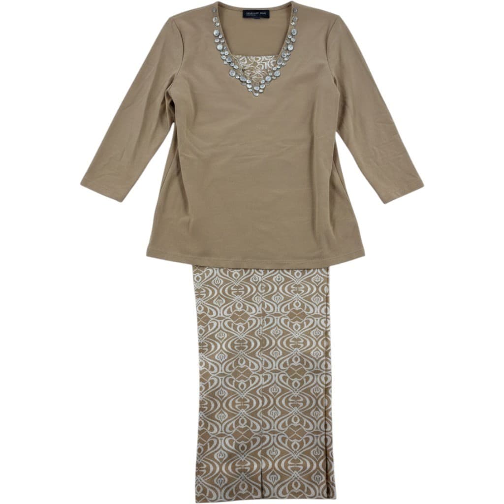 Jones New York Signature Pant Set Womens 12 2pc Tan Embellished Top Pants