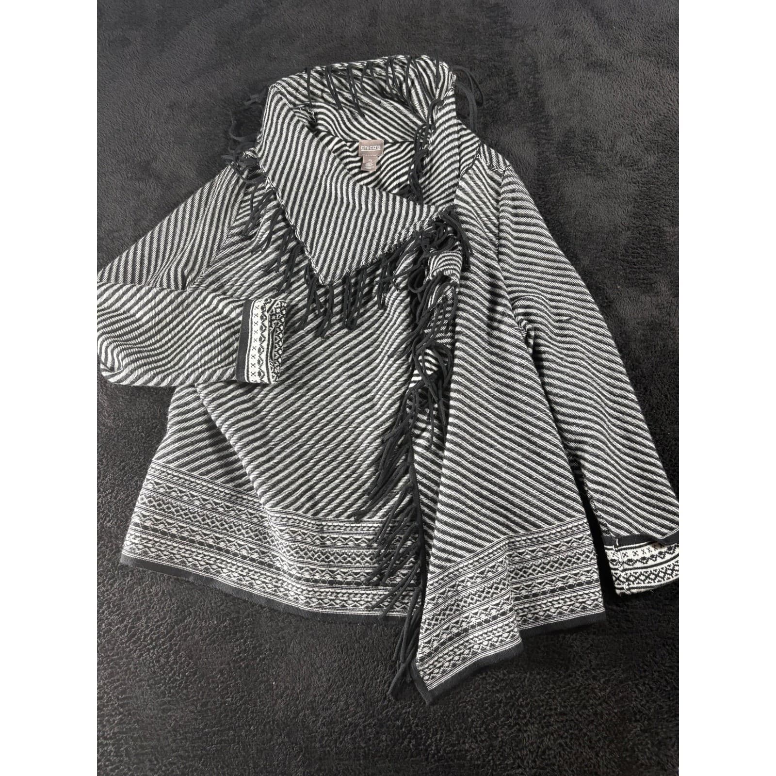 Chico's Women's Black & White Striped Fringe Open Front Cardigan Size 2