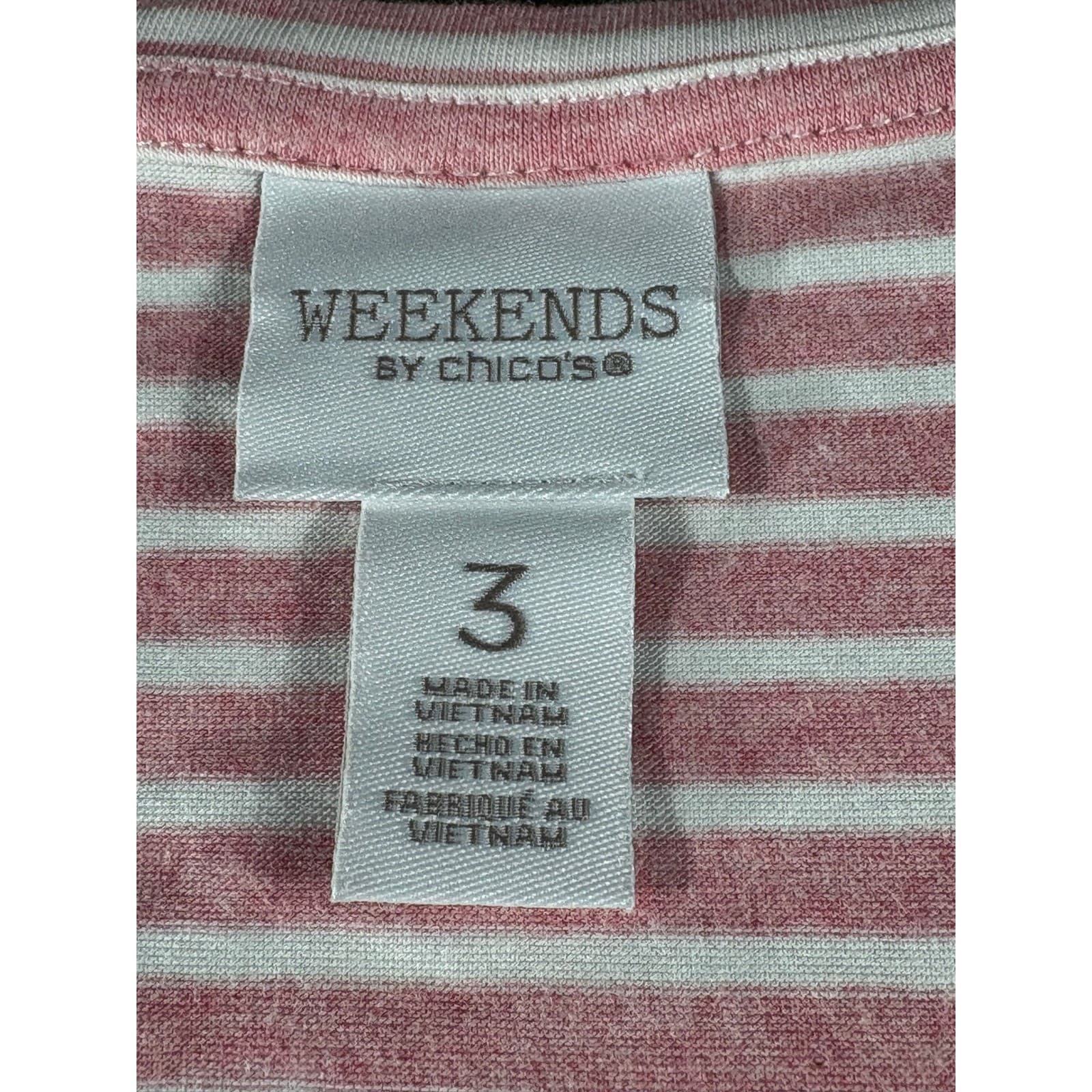 Weekends by Chico's Striped V-Neck Top Women's Size 3 Pink White Short Sleeve - Thumbnail 2
