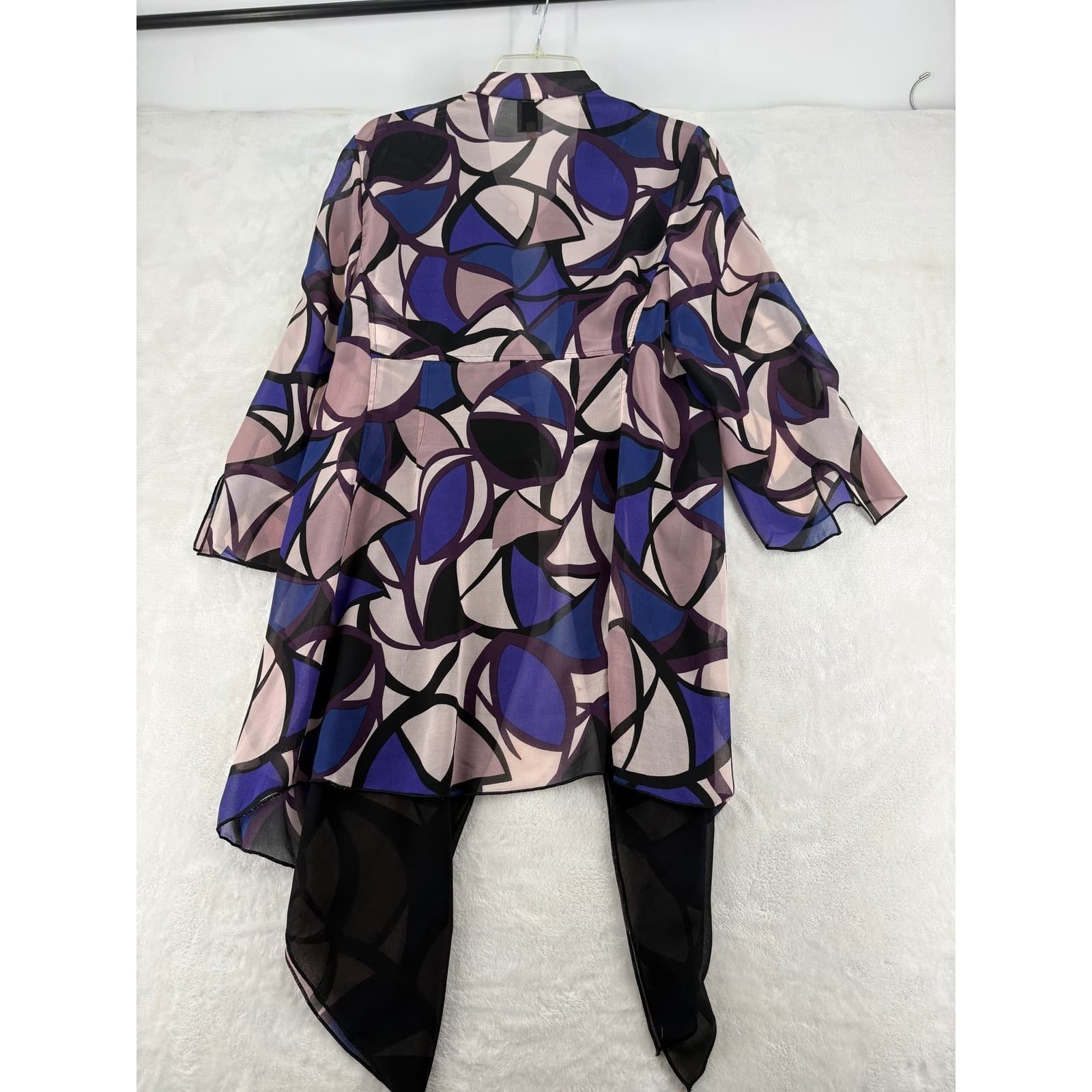 Anne Klein Cardigan Womens 8 Kimono Purple Geometric Sheer Open Front Layer A3 - Thumbnail 6