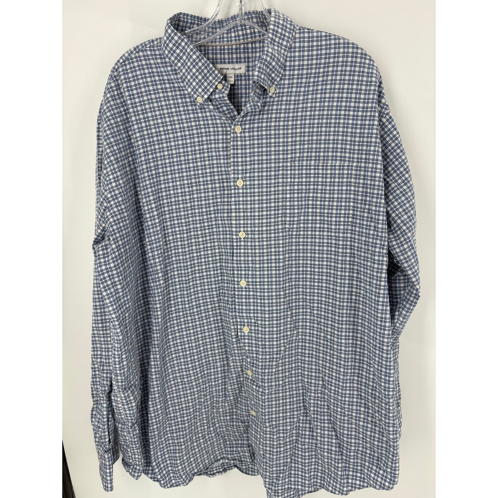 Peter Millar Mens XXL Blue White Plaid Button Down Long Sleeve Casual Shirt