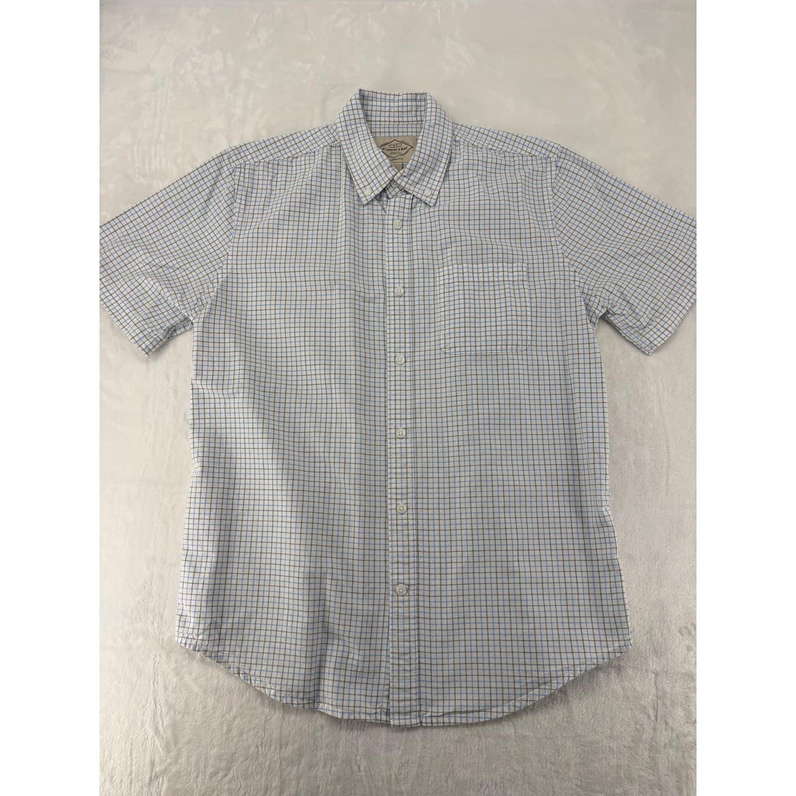 St. John's Bay Shirt Mens M Short Sleeve Blue Grey Grid Classic Fit Button Down