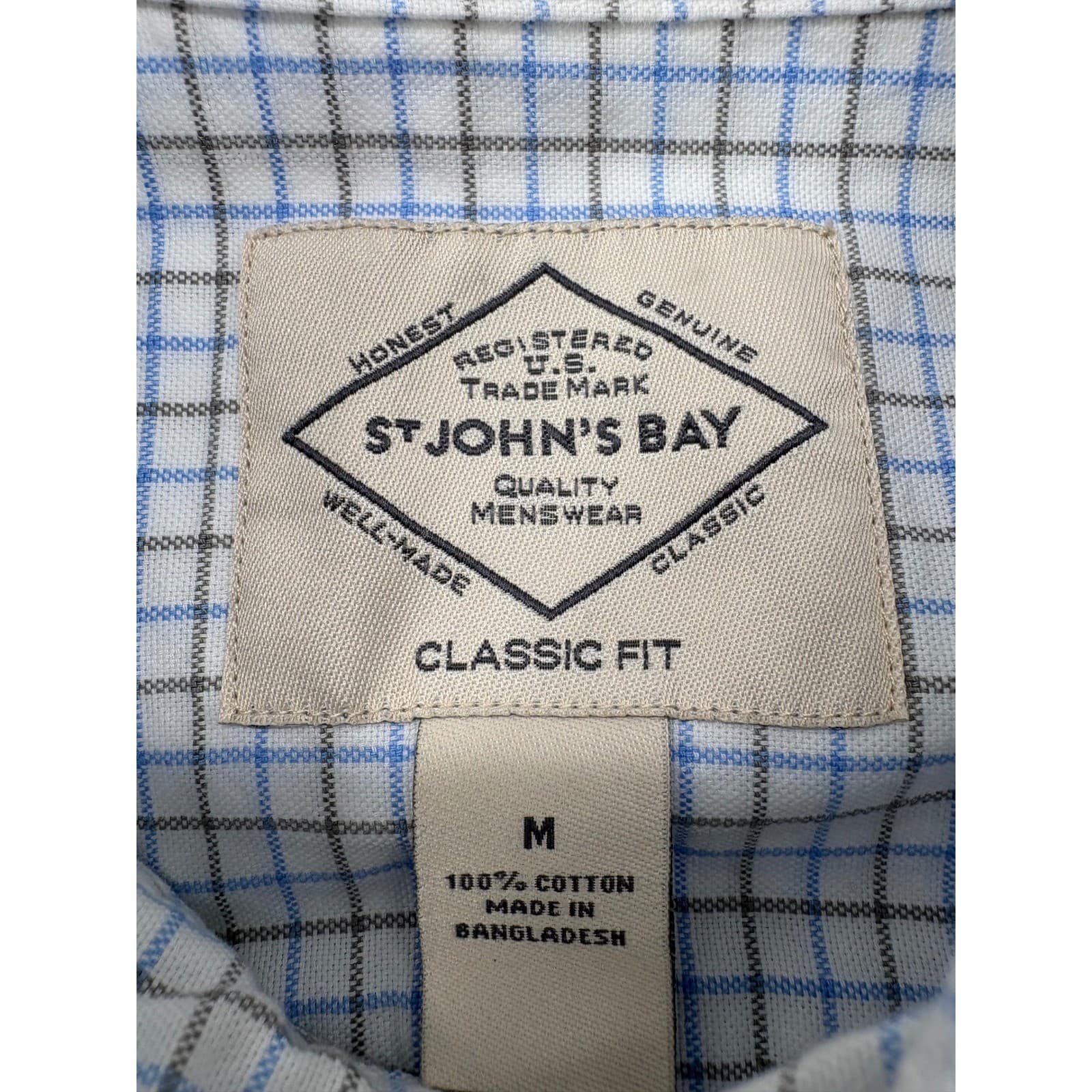 St. John's Bay Shirt Mens M Short Sleeve Blue Grey Grid Classic Fit Button Down - Thumbnail 2