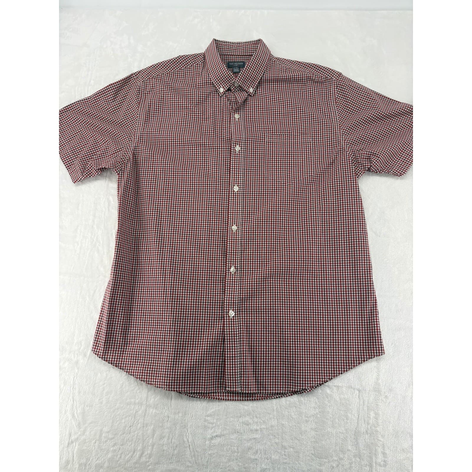 Van Heusen Shirt Mens L Flex Button Down Red Gingham Short Sleeve Plaid