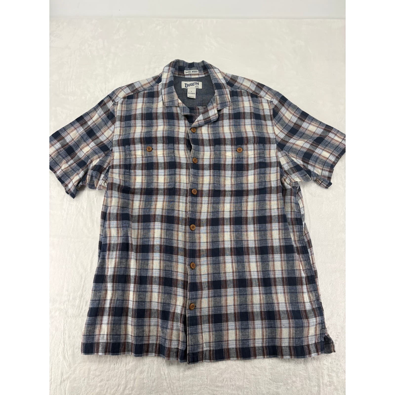 Duluth Trading Co Shirt Mens L Untucked Button Down Blue Plaid Relaxed Fit