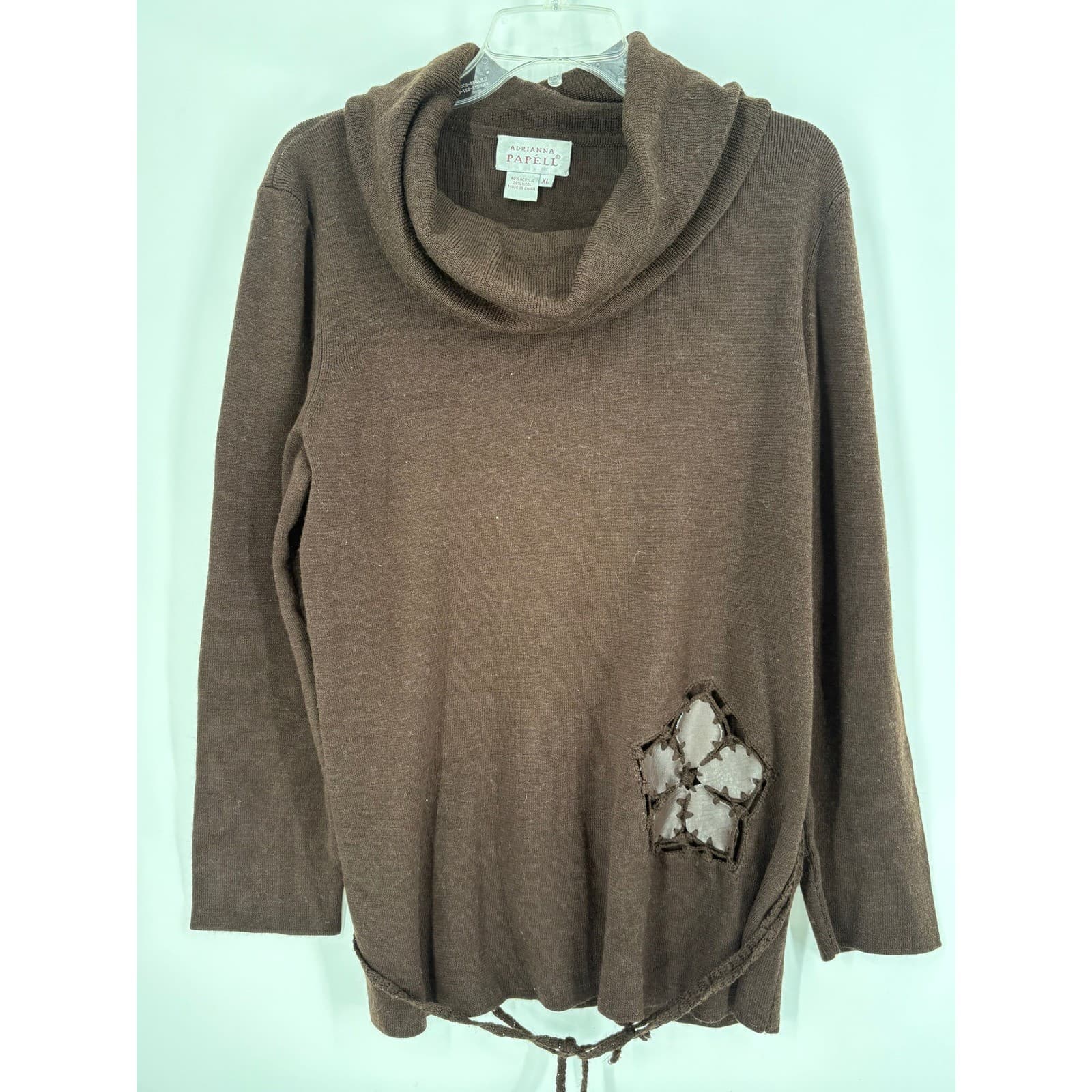 Adrianna Papell Women's Brown Cowl Neck Long Sleeve Sweater XL Floral Accent